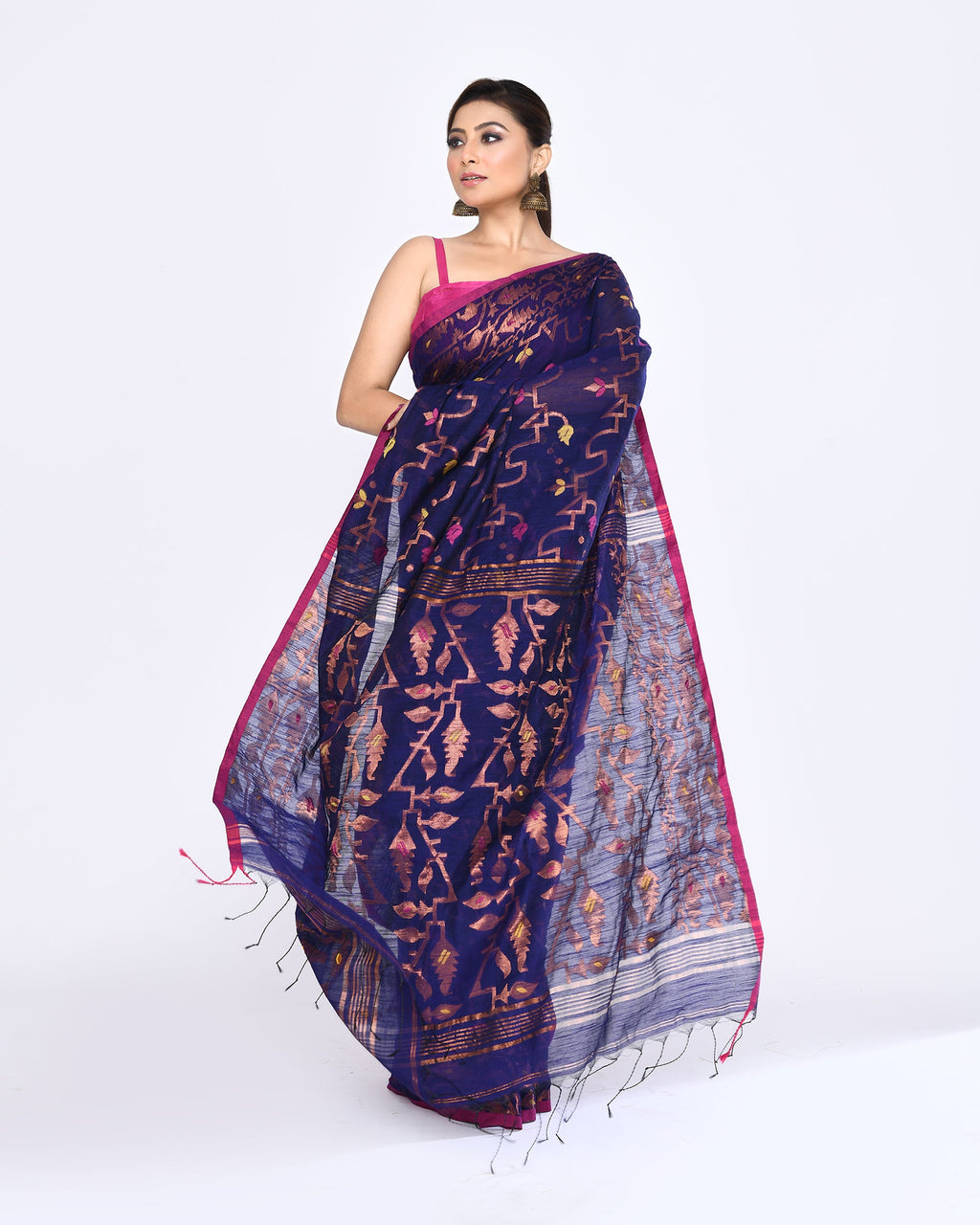 Piyari Fashion Women's Blue Embellished Cotton Blend Jamdani Saree | Grocsy