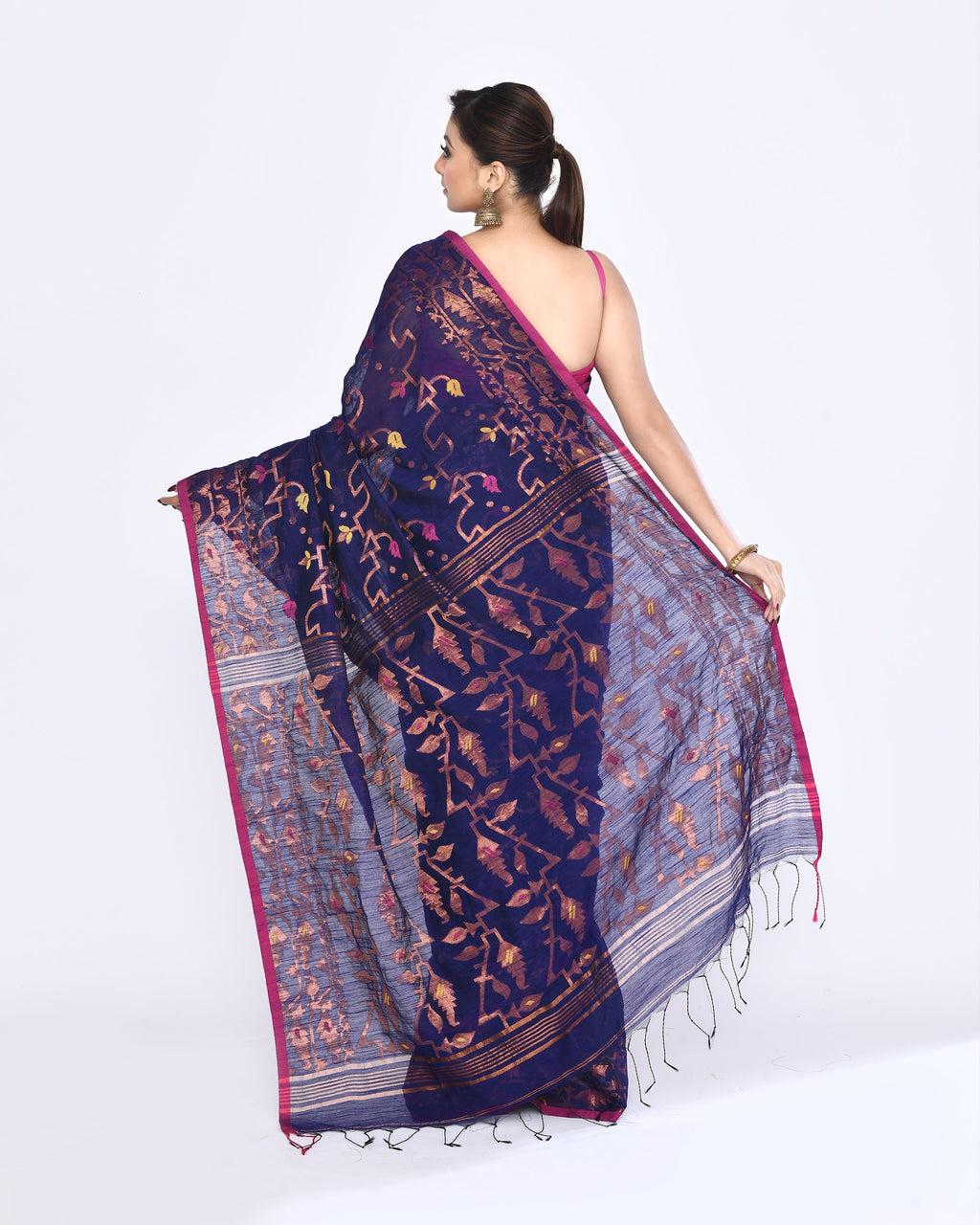 Piyari Fashion Women's Blue Embellished Cotton Blend Jamdani Saree | Grocsy