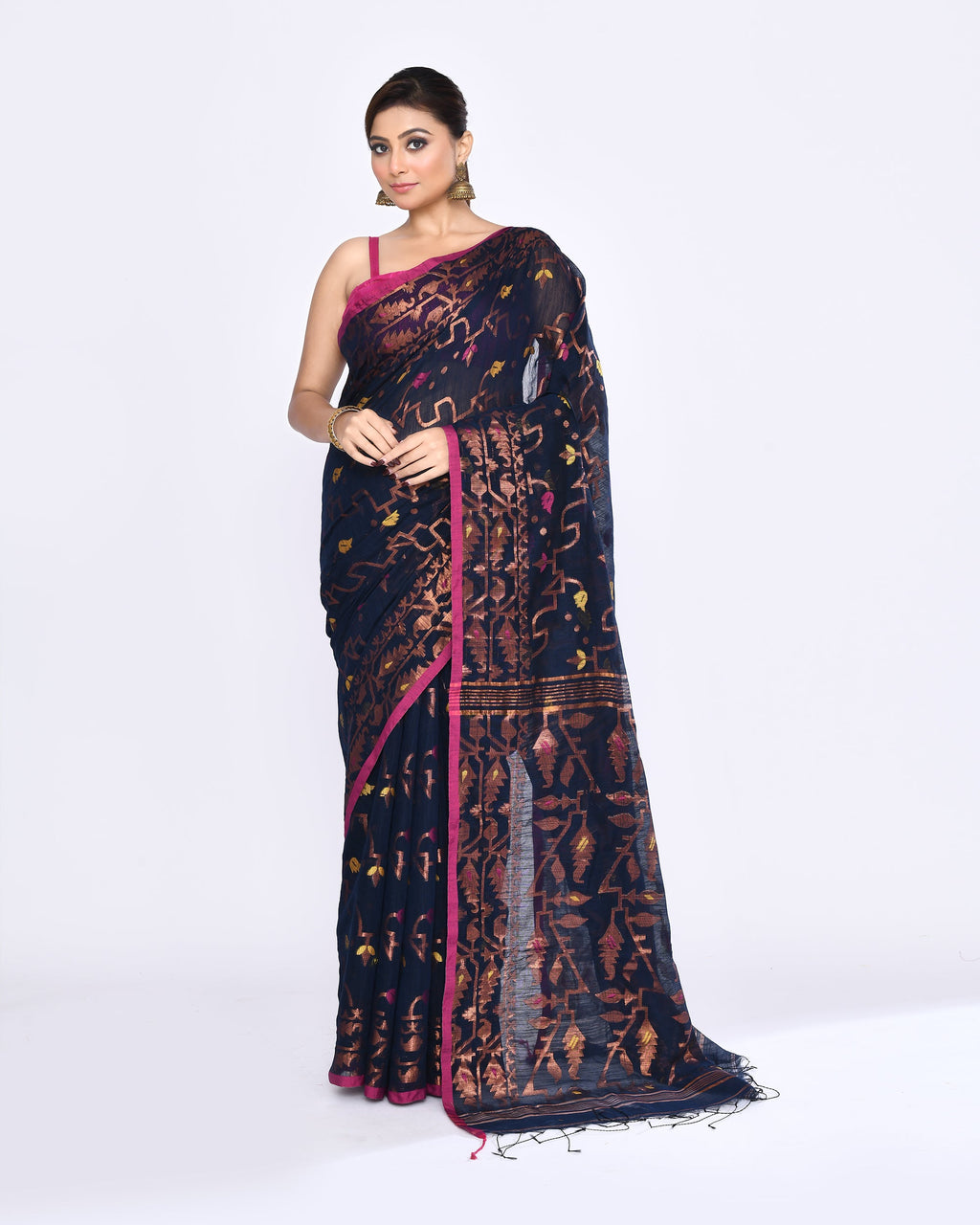 Piyari Fashion Women's Navy Blue Embellished Cotton Blend Jamdani Saree | Grocsy
