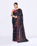 Piyari Fashion Women's Navy Blue Embellished Cotton Blend Jamdani Saree | Grocsy