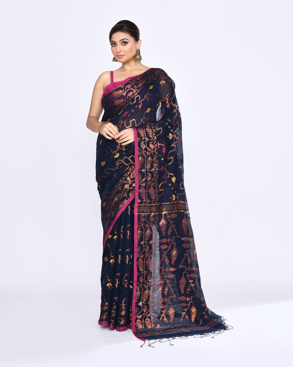 Piyari Fashion Women's Navy Blue Embellished Cotton Blend Jamdani Saree | Grocsy