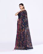 Piyari Fashion Women's Navy Blue Embellished Cotton Blend Jamdani Saree | Grocsy