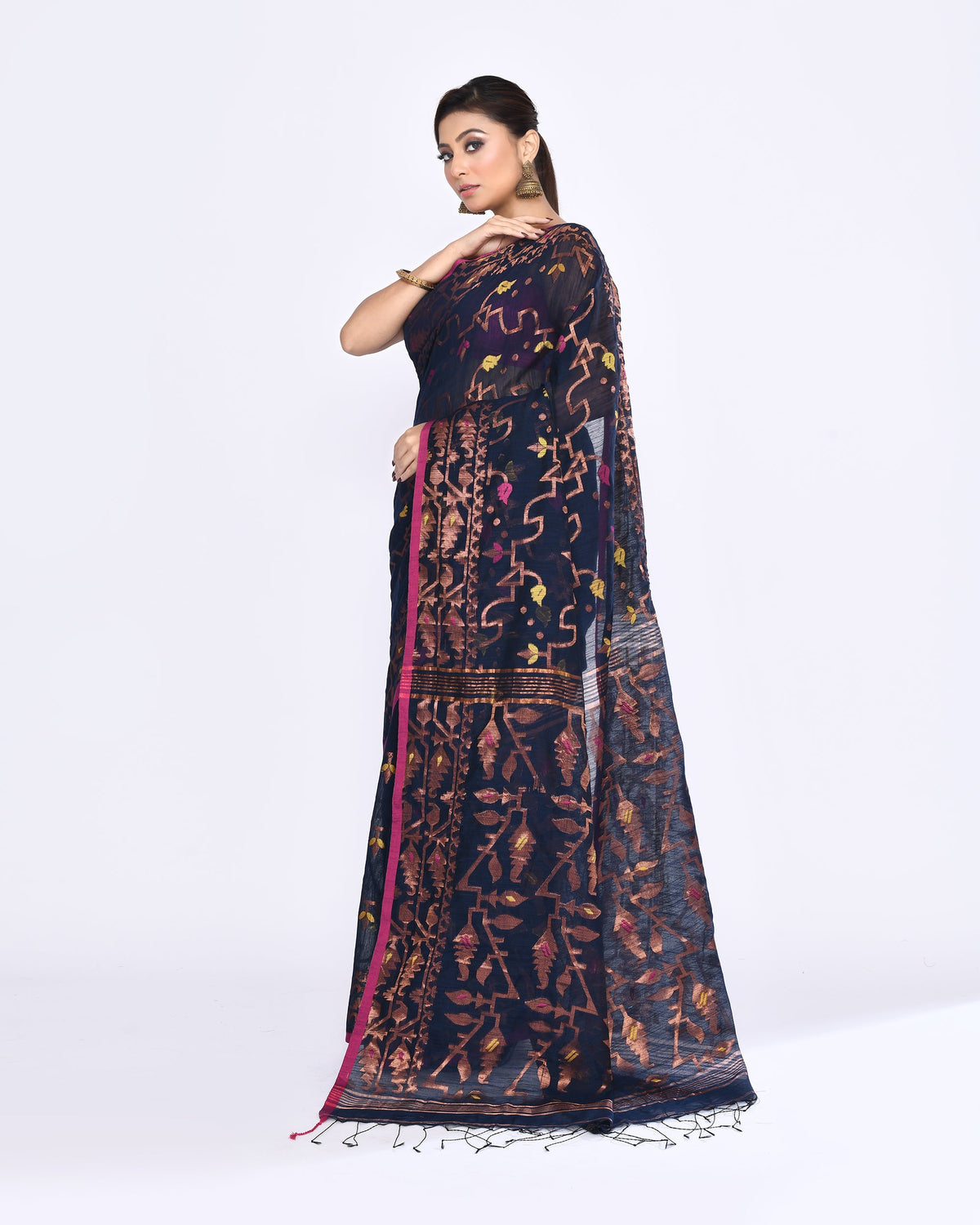 Piyari Fashion Women's Navy Blue Embellished Cotton Blend Jamdani Saree | Grocsy