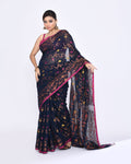 Piyari Fashion Women's Navy Blue Embellished Cotton Blend Jamdani Saree | Grocsy