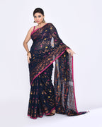 Piyari Fashion Women's Navy Blue Embellished Cotton Blend Jamdani Saree | Grocsy
