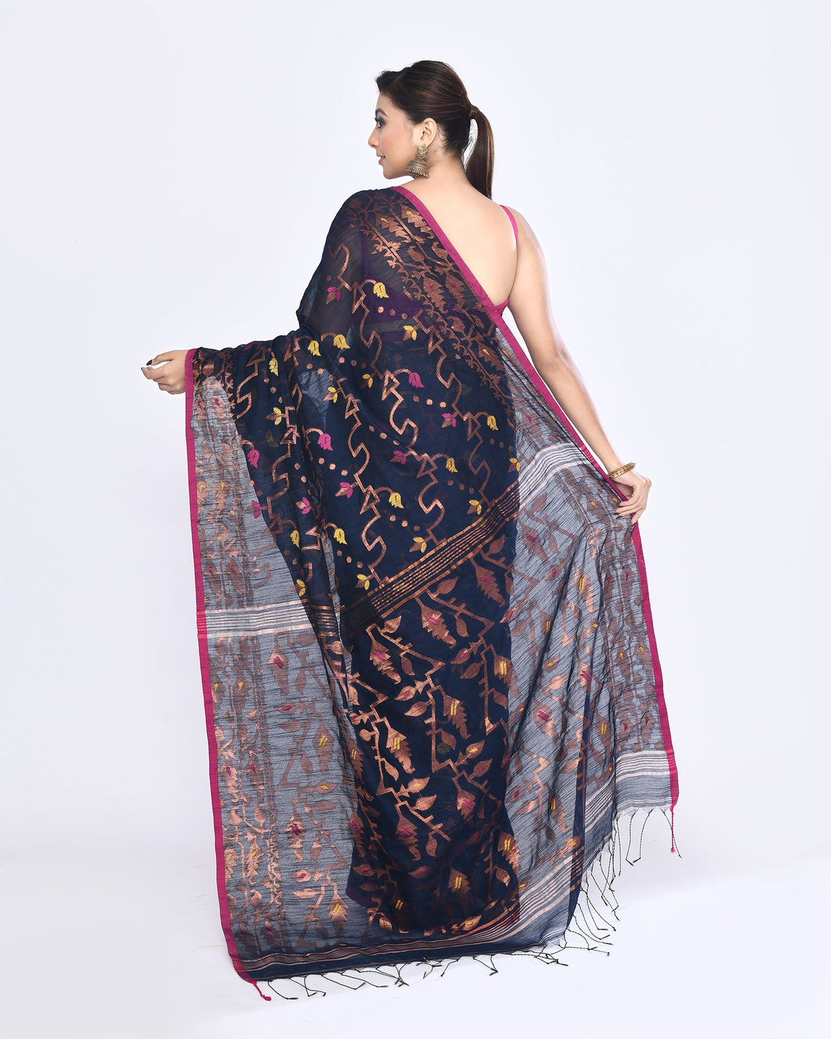 Piyari Fashion Women's Navy Blue Embellished Cotton Blend Jamdani Saree | Grocsy