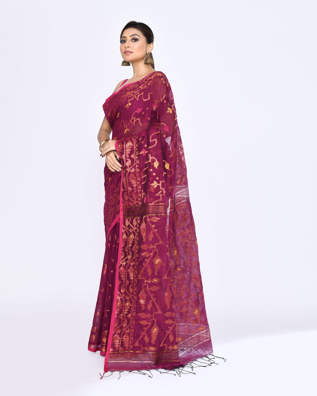 Piyari Fashion Women's Pink Embellished Cotton Blend Jamdani Saree | Grocsy