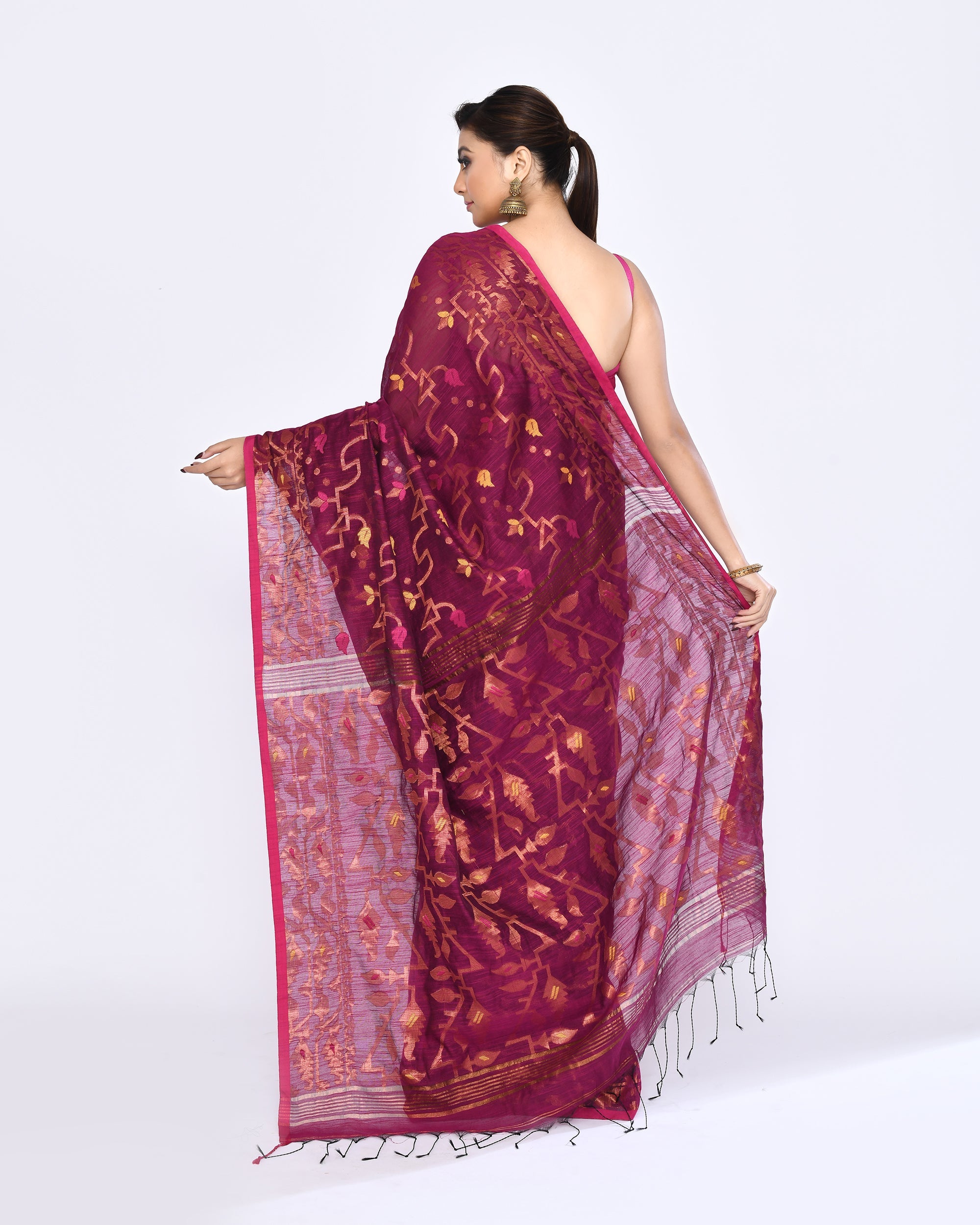 Piyari Fashion Women's Pink Embellished Cotton Blend Jamdani Saree | Grocsy