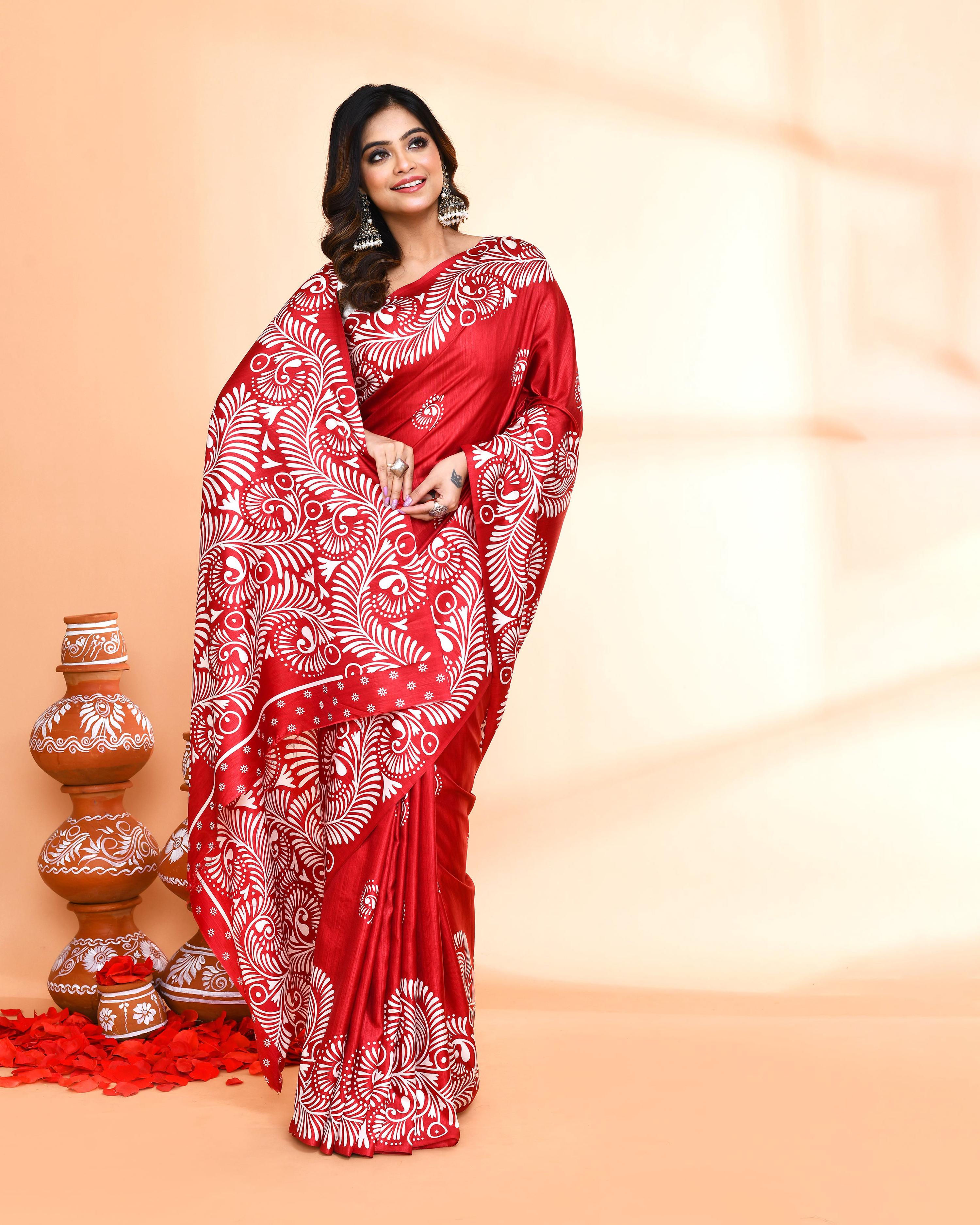 Piyari Fashion PIyari Fashion Maroon Printed Saree With Blouse | Grocsy