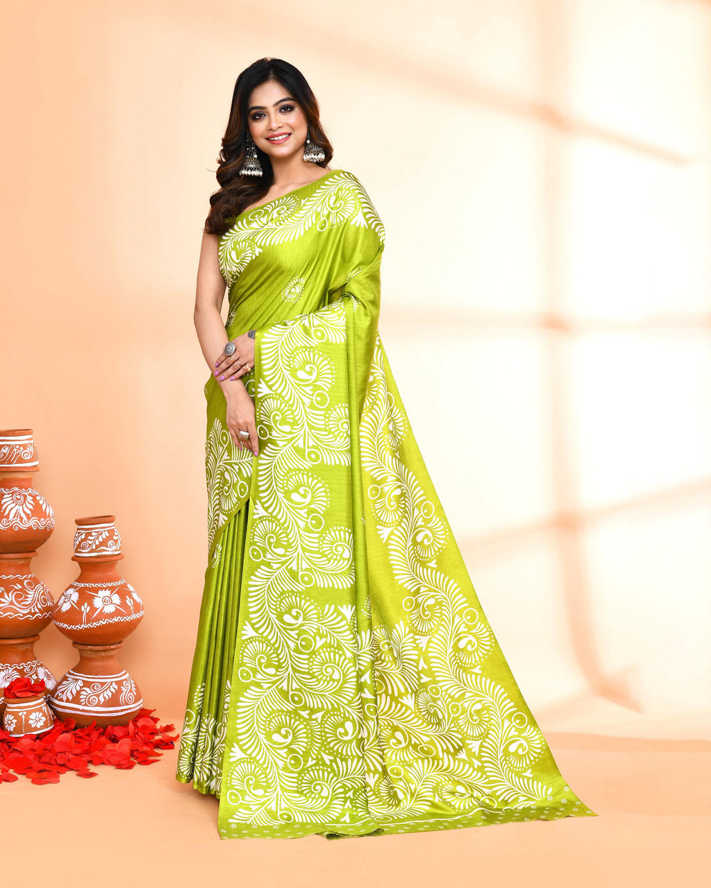 Piyari Fashion PIyari Fashion Olive Printed Saree With Blouse | Grocsy