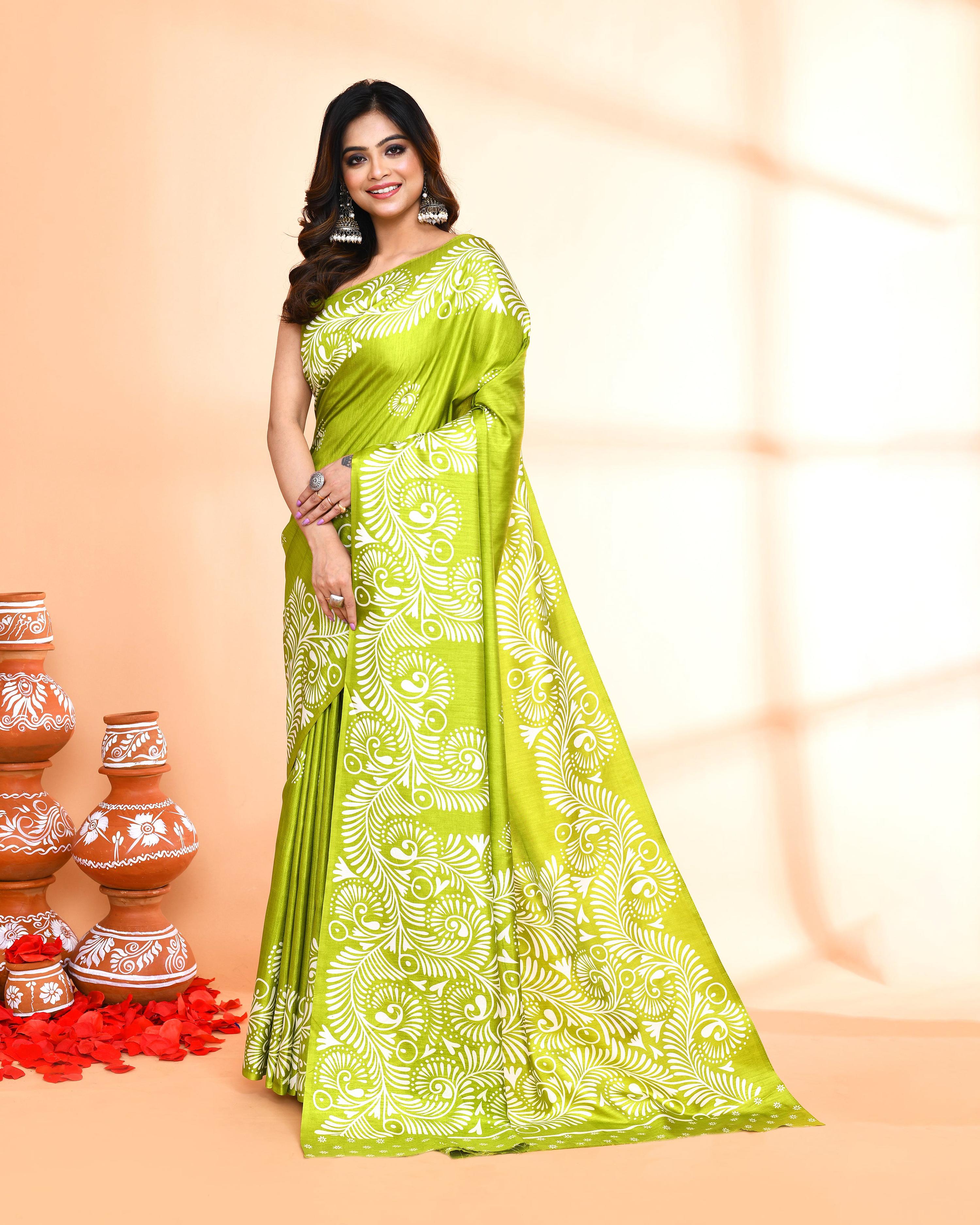 Piyari Fashion PIyari Fashion Olive Printed Saree With Blouse | Grocsy