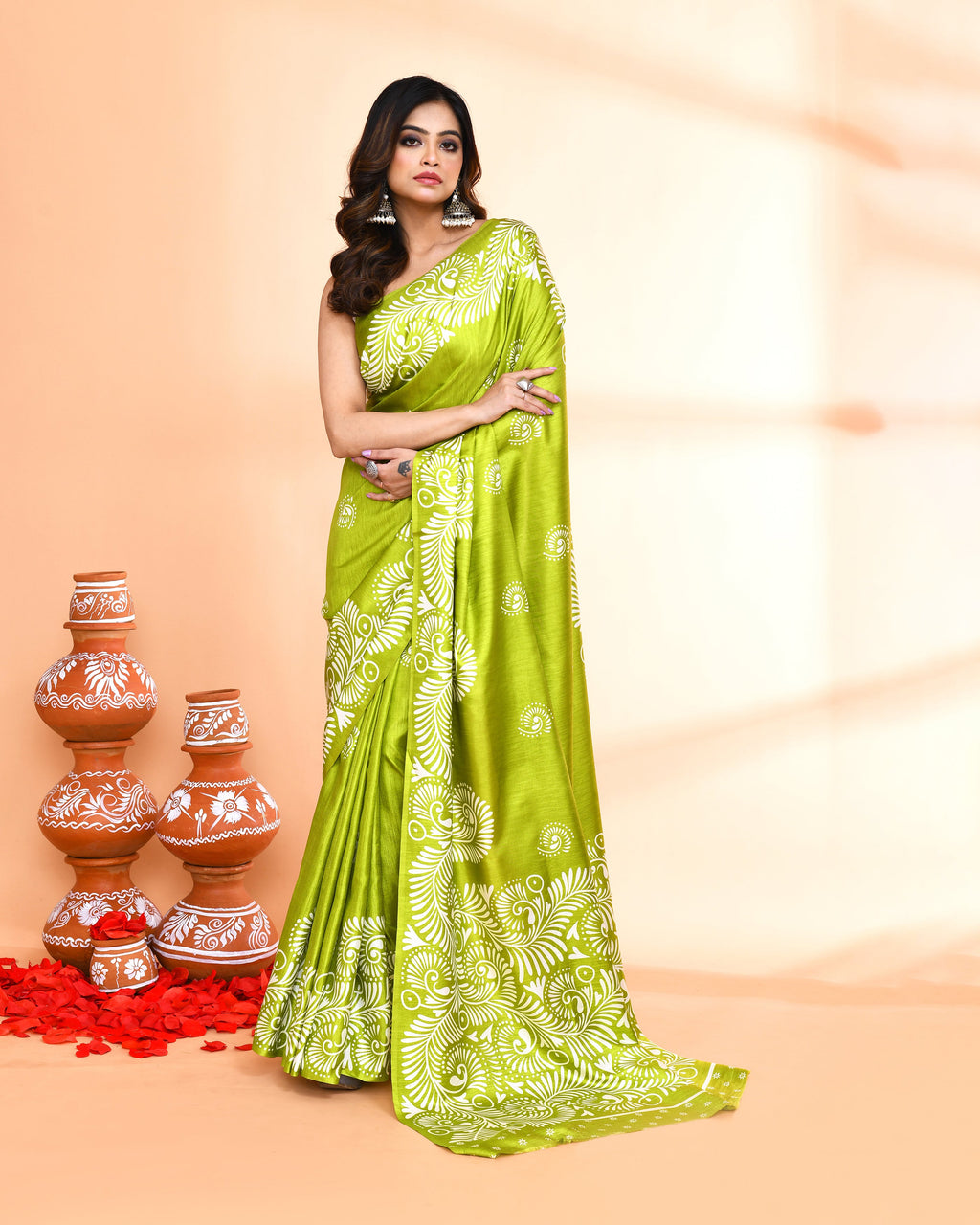 Piyari Fashion PIyari Fashion Olive Printed Saree With Blouse | Grocsy