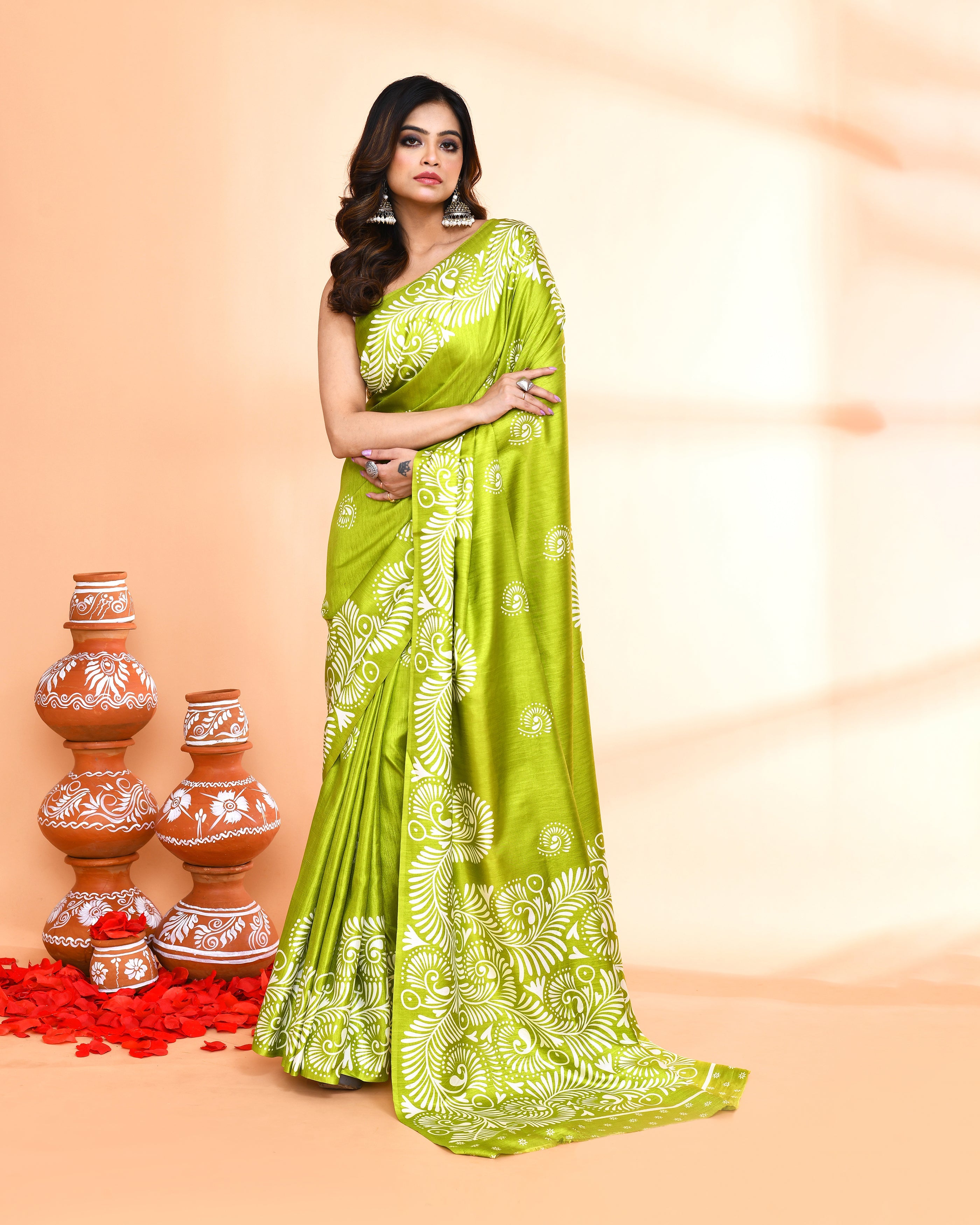 Piyari Fashion PIyari Fashion Olive Printed Saree With Blouse | Grocsy