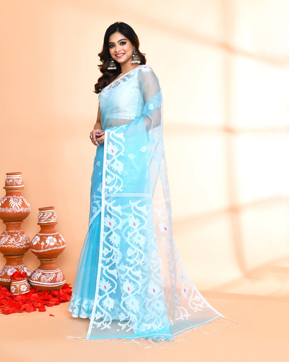 Piyari Fashion Women`s Aqua Hand Work Art Silk Jamdani Saree With Blouse | Grocsy