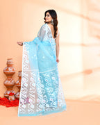 Piyari Fashion Women`s Aqua Hand Work Art Silk Jamdani Saree With Blouse | Grocsy