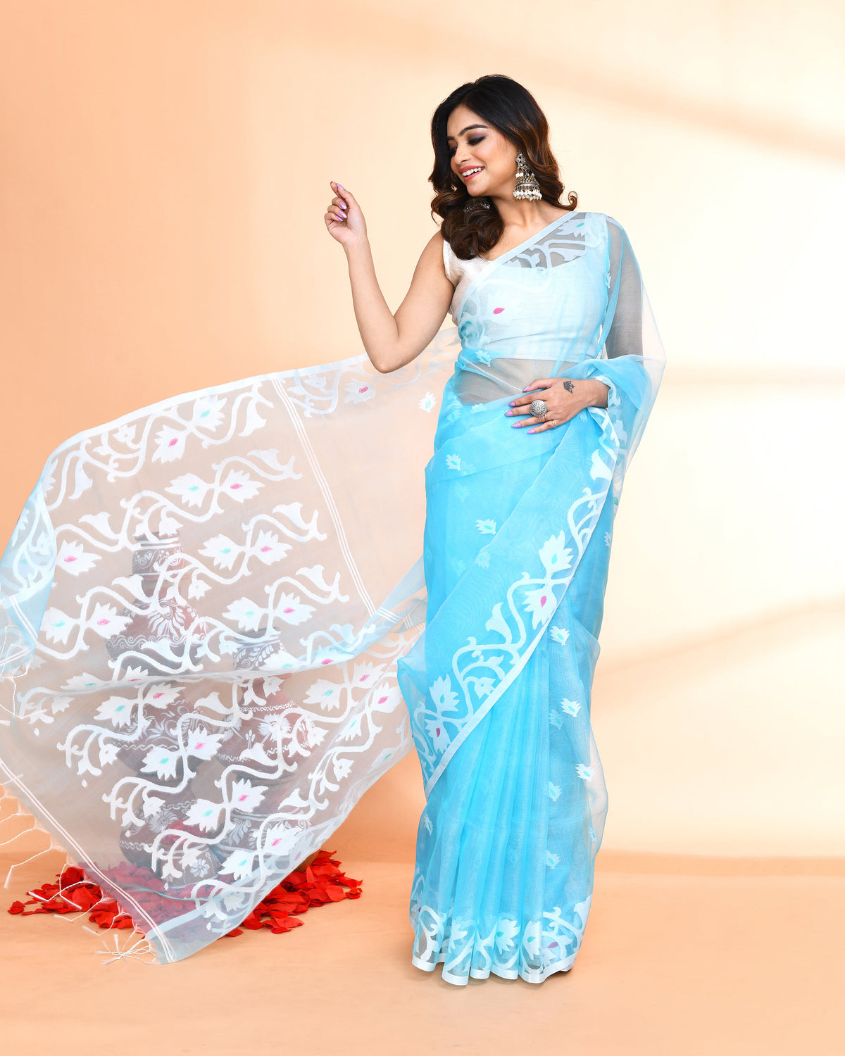 Piyari Fashion Women`s Aqua Hand Work Art Silk Jamdani Saree With Blouse | Grocsy