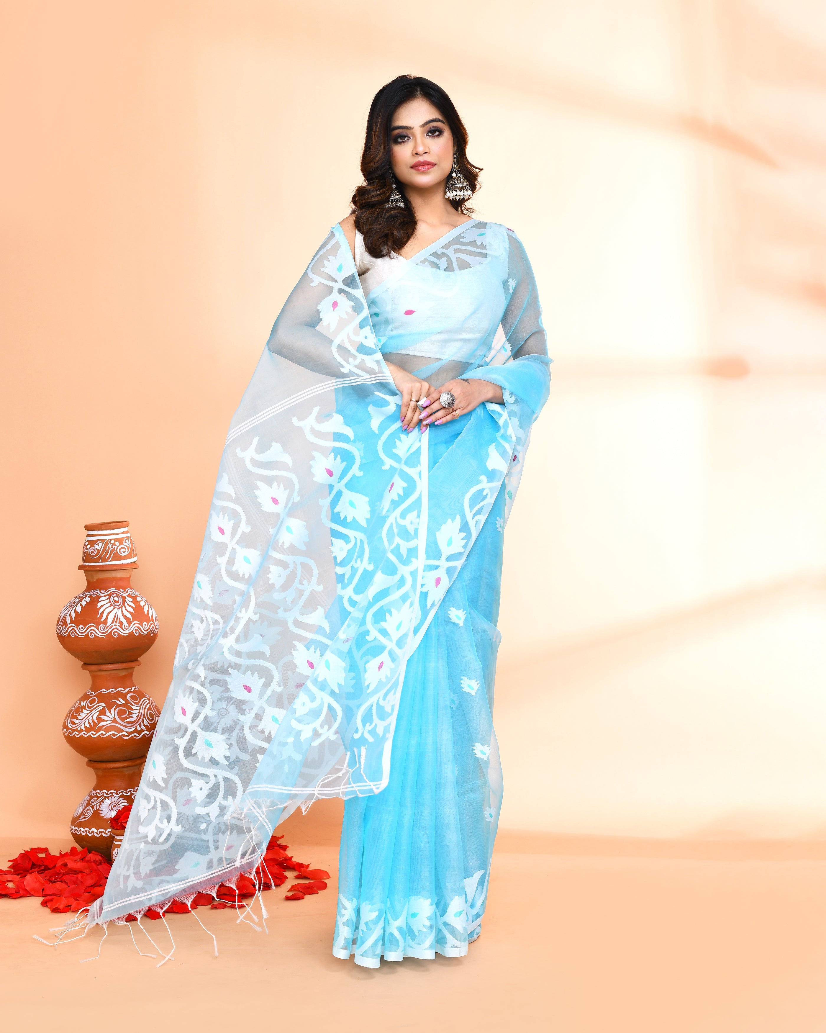 Piyari Fashion Women`s Aqua Hand Work Art Silk Jamdani Saree With Blouse | Grocsy
