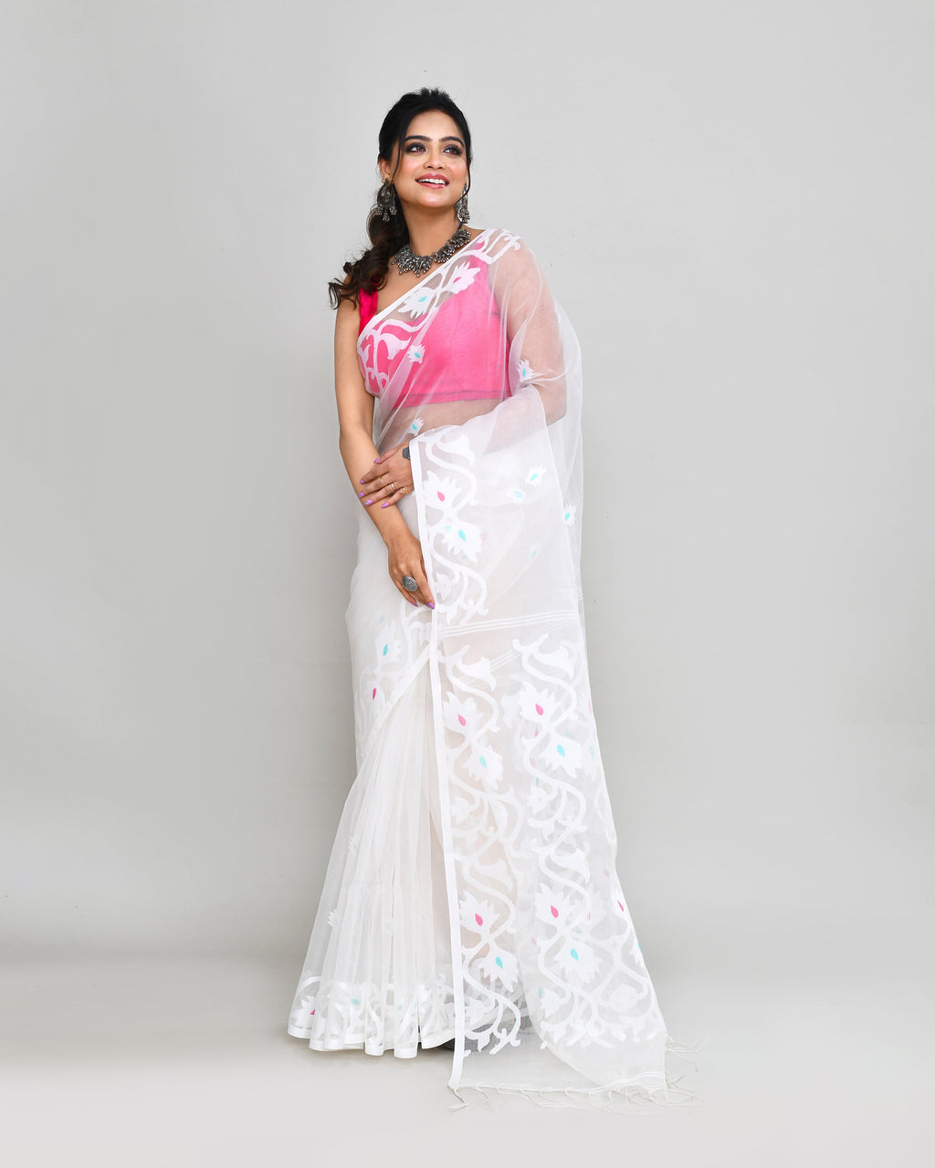 Piyari Fashion Women`s White Hand Work Art Silk Jamdani Saree With Blouse | Grocsy