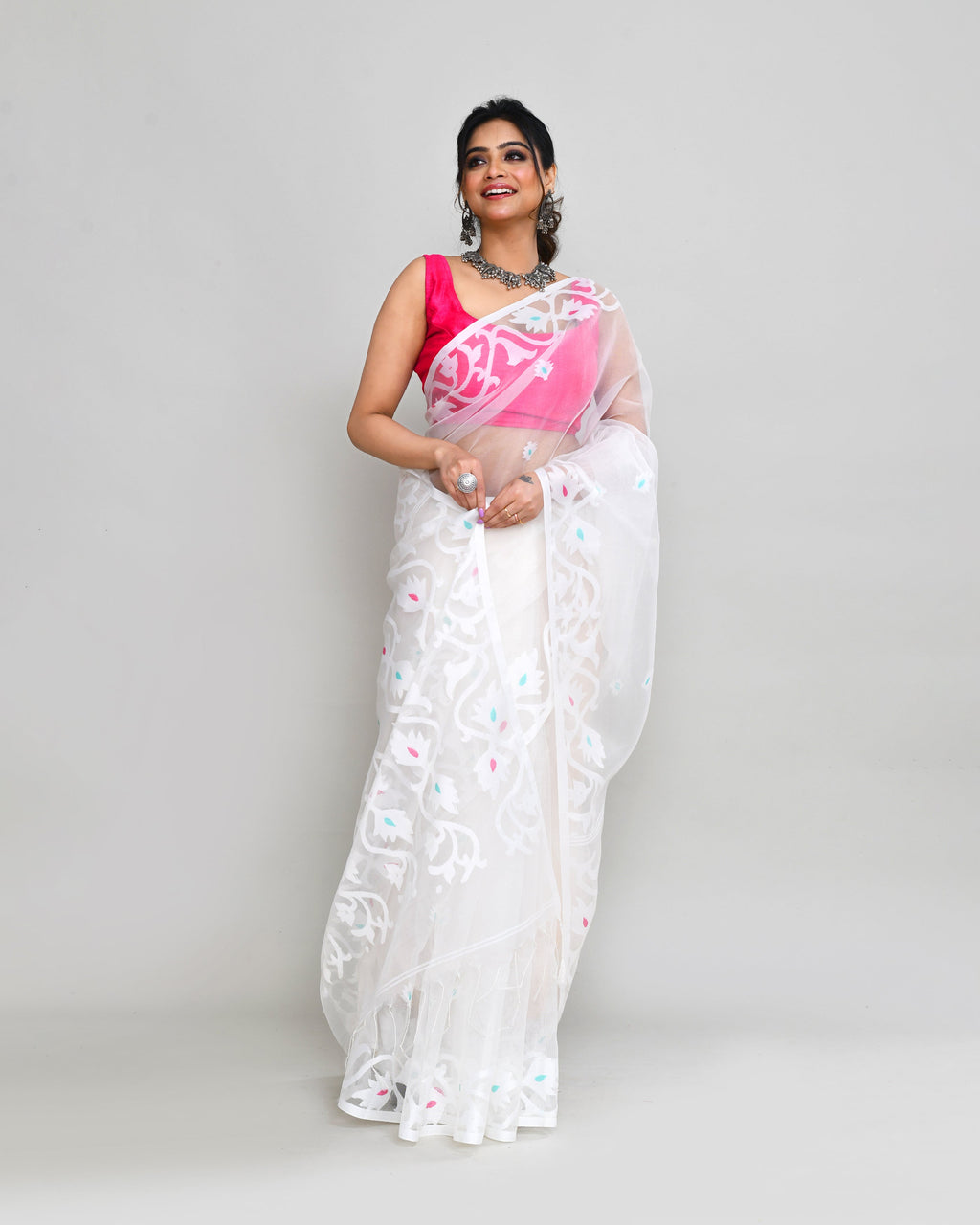 Piyari Fashion Women`s White Hand Work Art Silk Jamdani Saree With Blouse | Grocsy