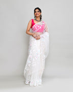Piyari Fashion Women`s White Hand Work Art Silk Jamdani Saree With Blouse | Grocsy