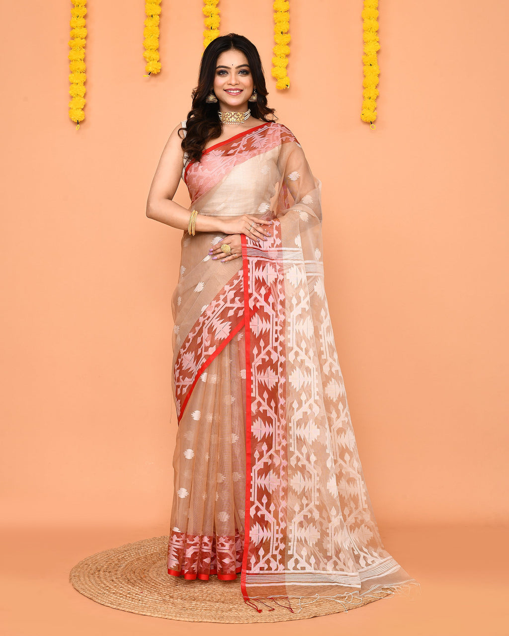 Piyari Fashion Women's Tan Resham Silk Jamdani Saree | Grocsy