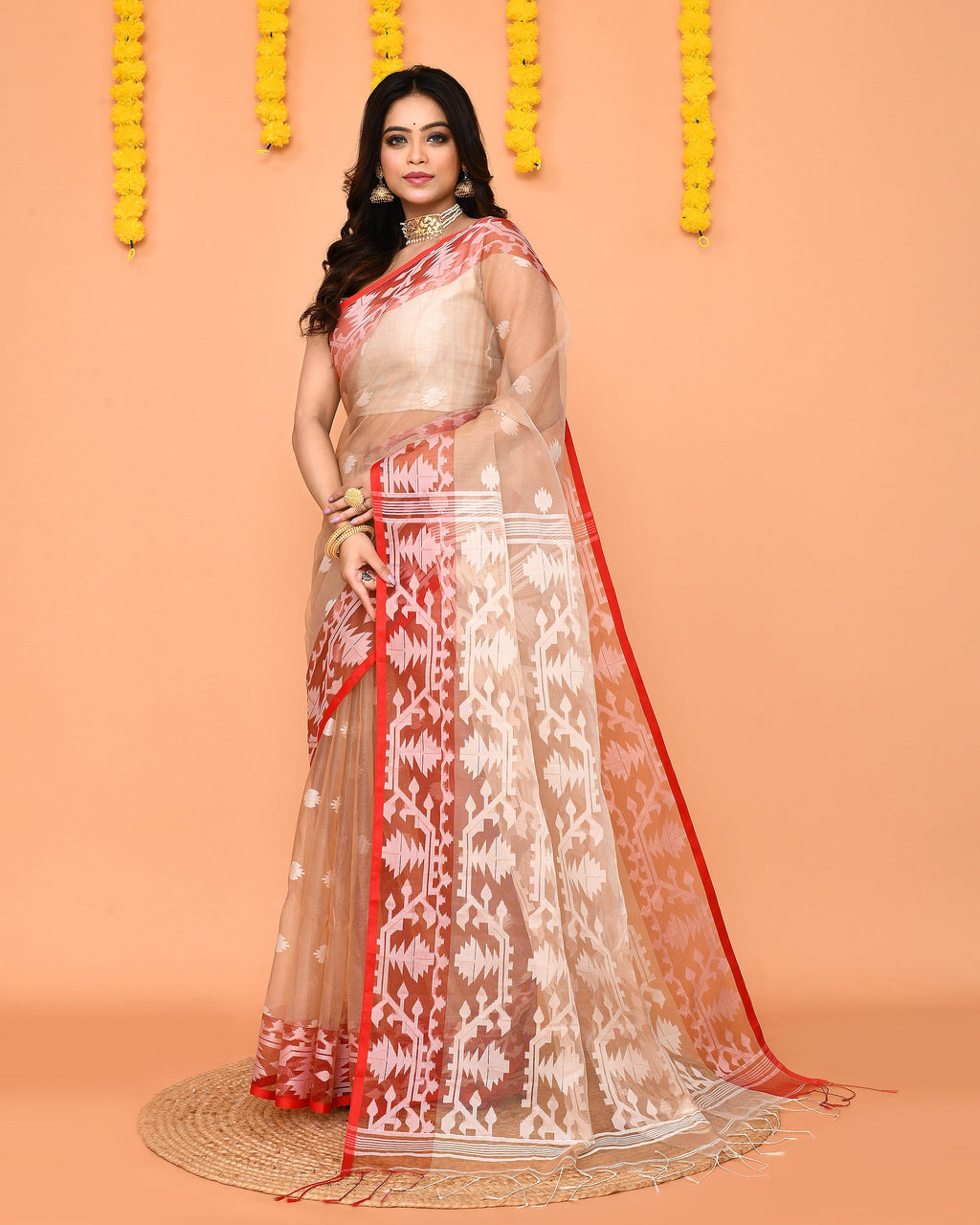 Piyari Fashion Women's Tan Resham Silk Jamdani Saree | Grocsy