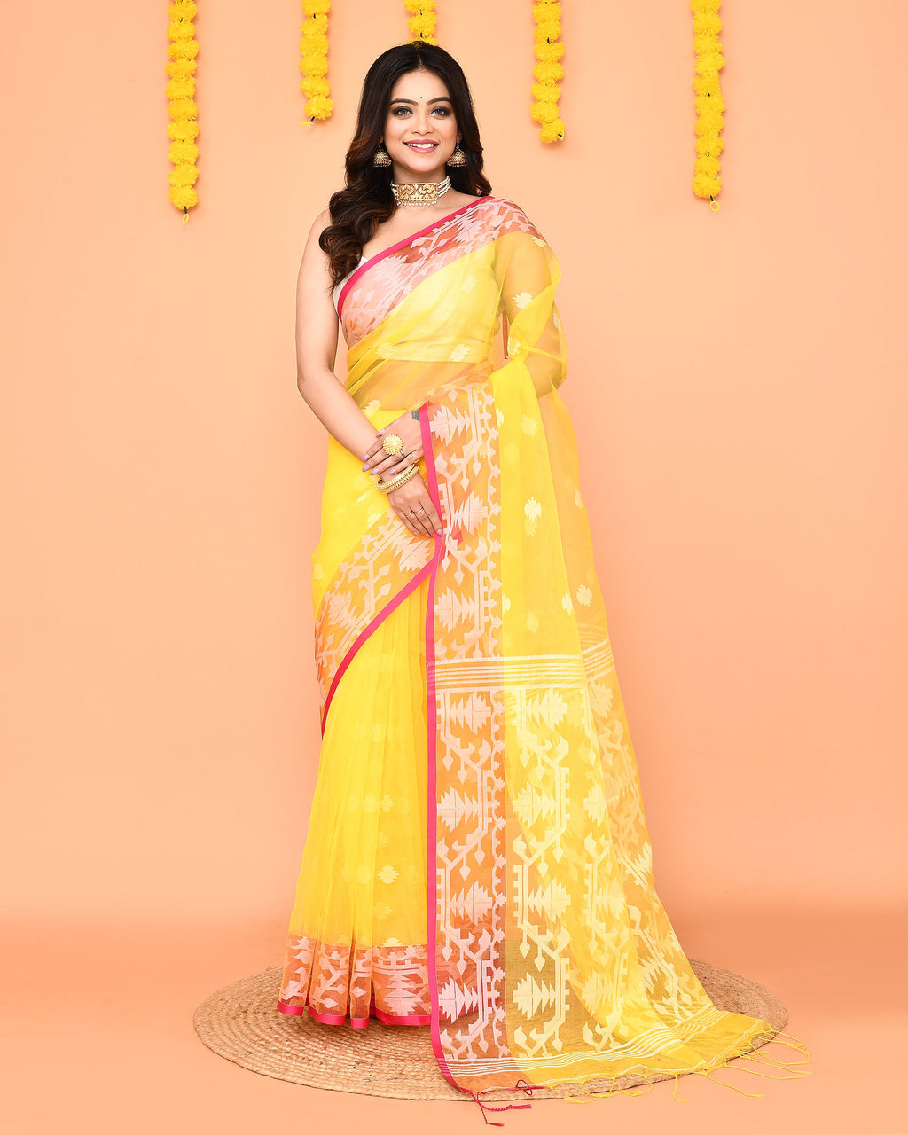 Piyari Fashion Women's Yellow Resham Silk Jamdani Saree | Grocsy