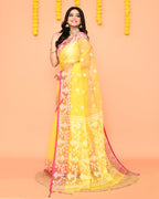 Piyari Fashion Women's Yellow Resham Silk Jamdani Saree | Grocsy