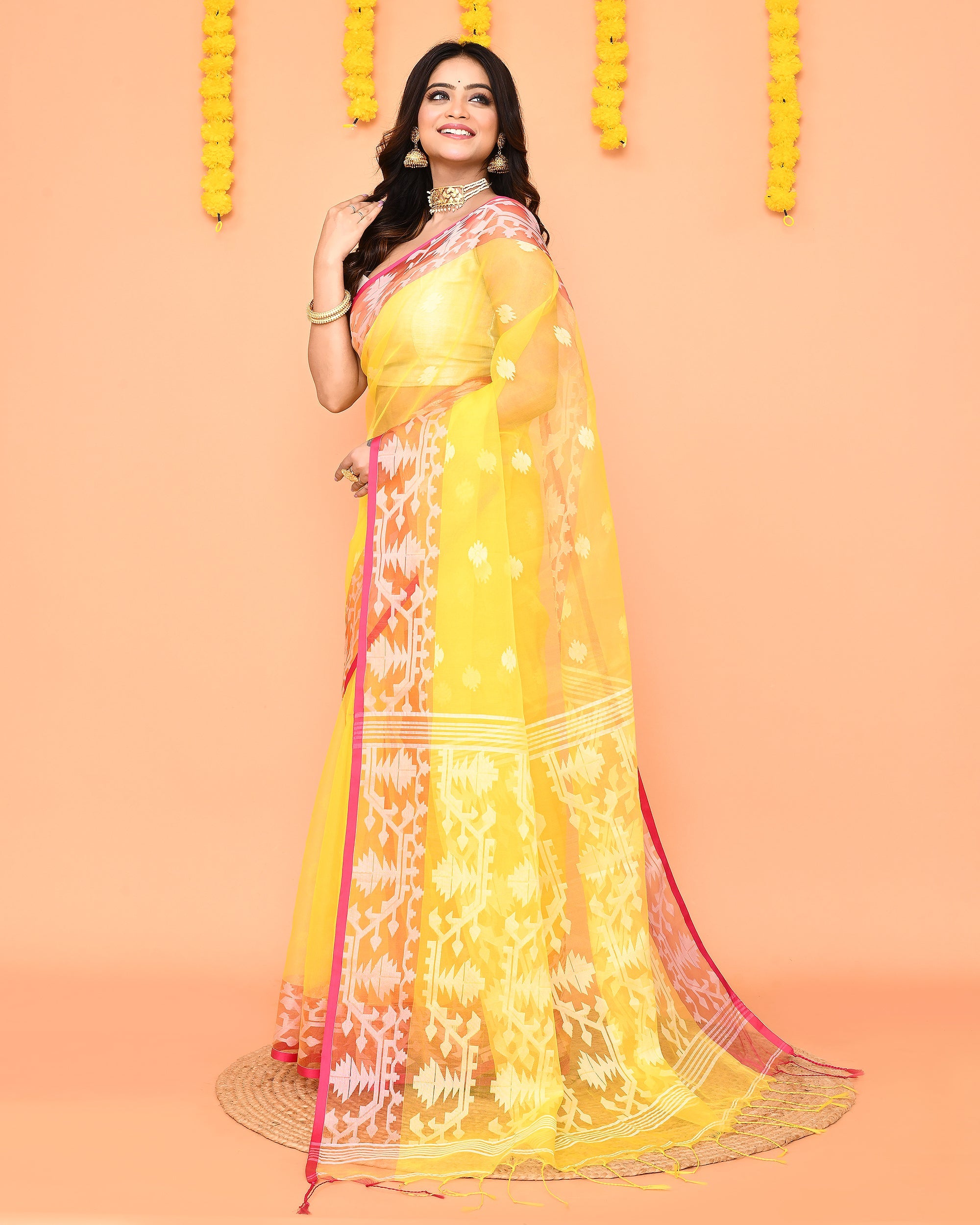 Piyari Fashion Women's Yellow Resham Silk Jamdani Saree | Grocsy