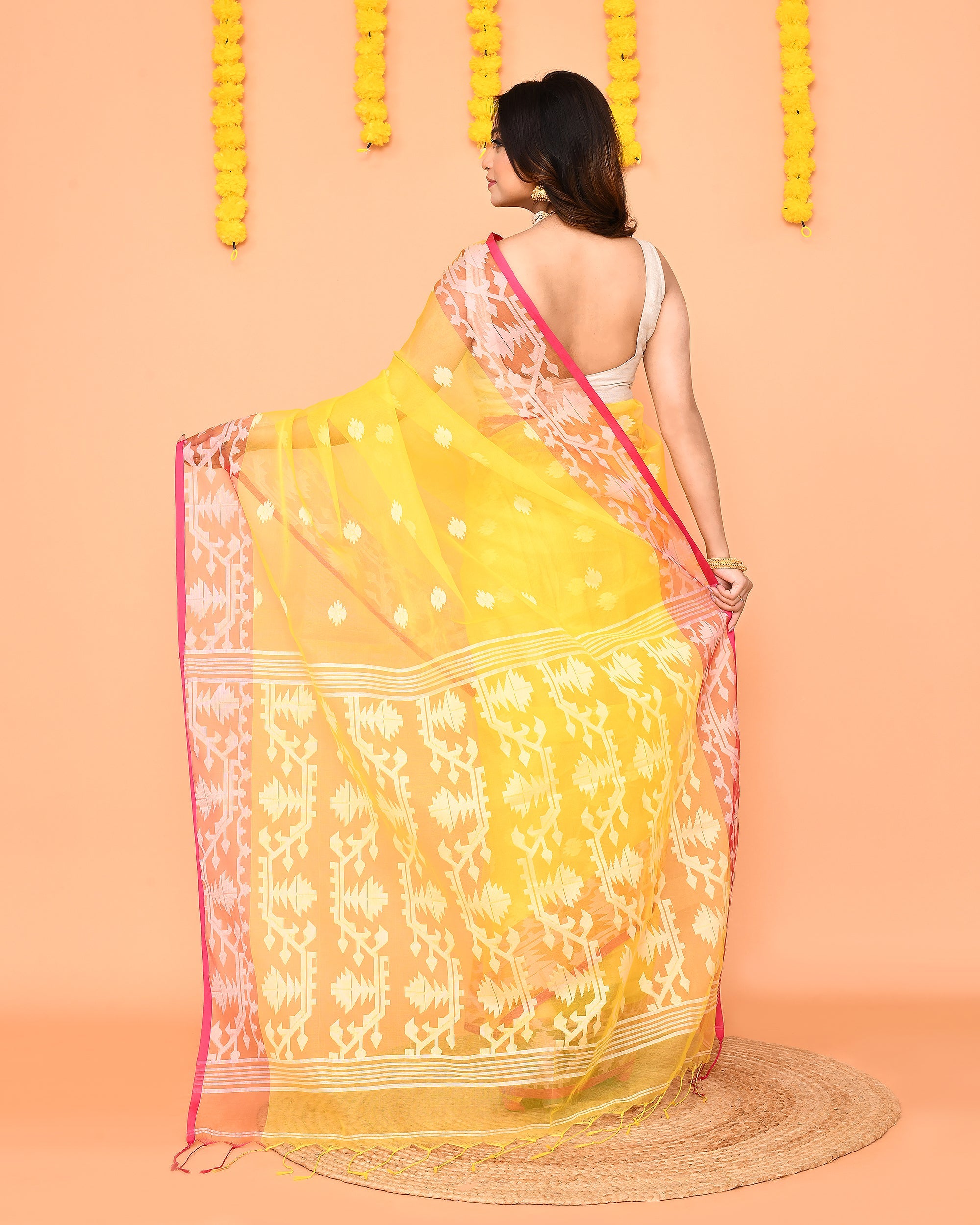 Piyari Fashion Women's Yellow Resham Silk Jamdani Saree | Grocsy