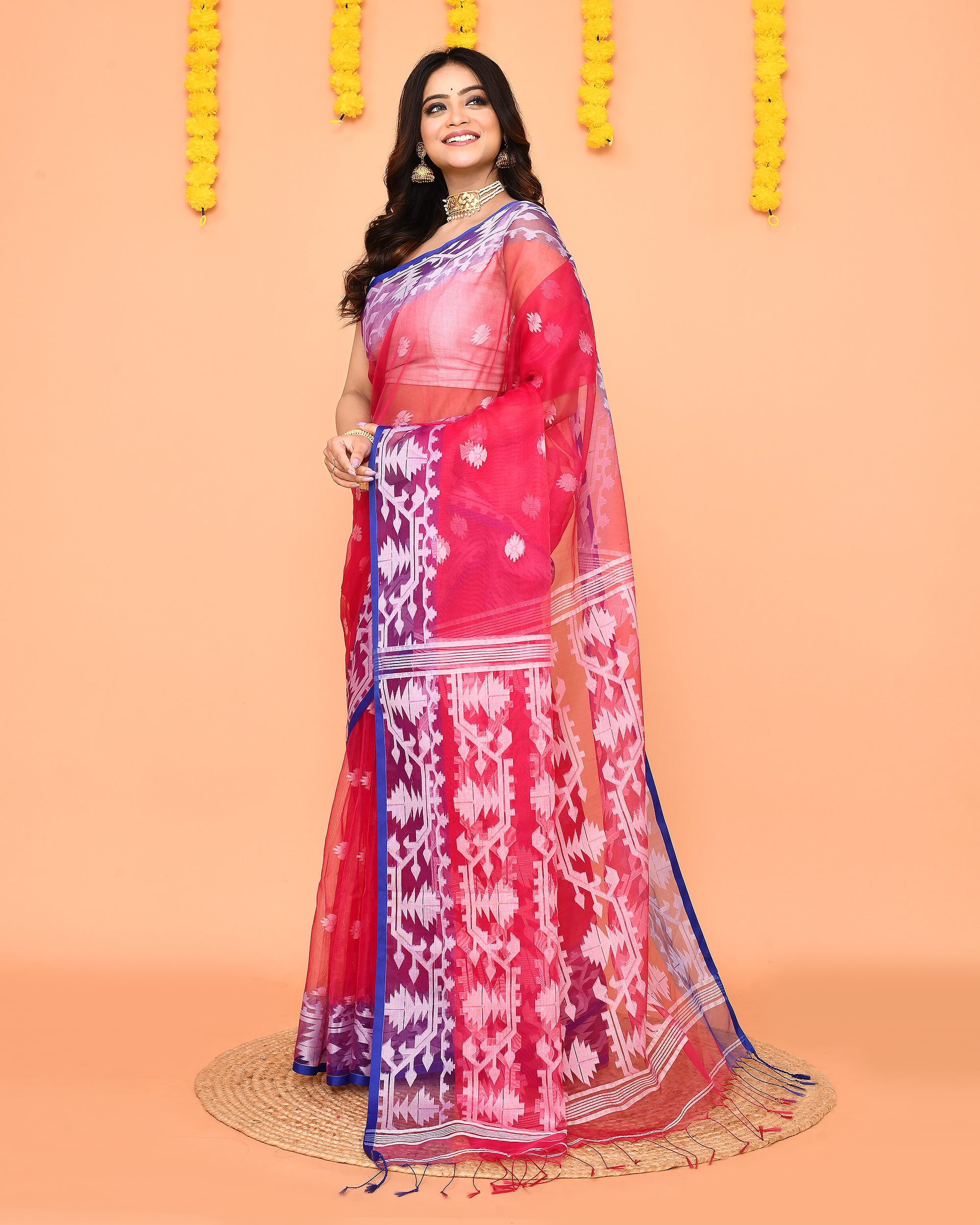 Piyari Fashion Women's Rani Pink Resham Silk Jamdani Saree | Grocsy