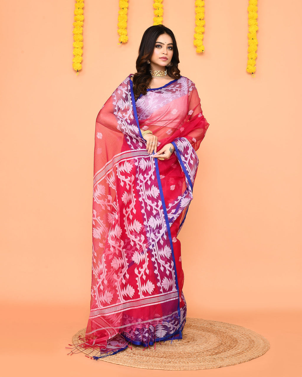 Piyari Fashion Women's Rani Pink Resham Silk Jamdani Saree | Grocsy