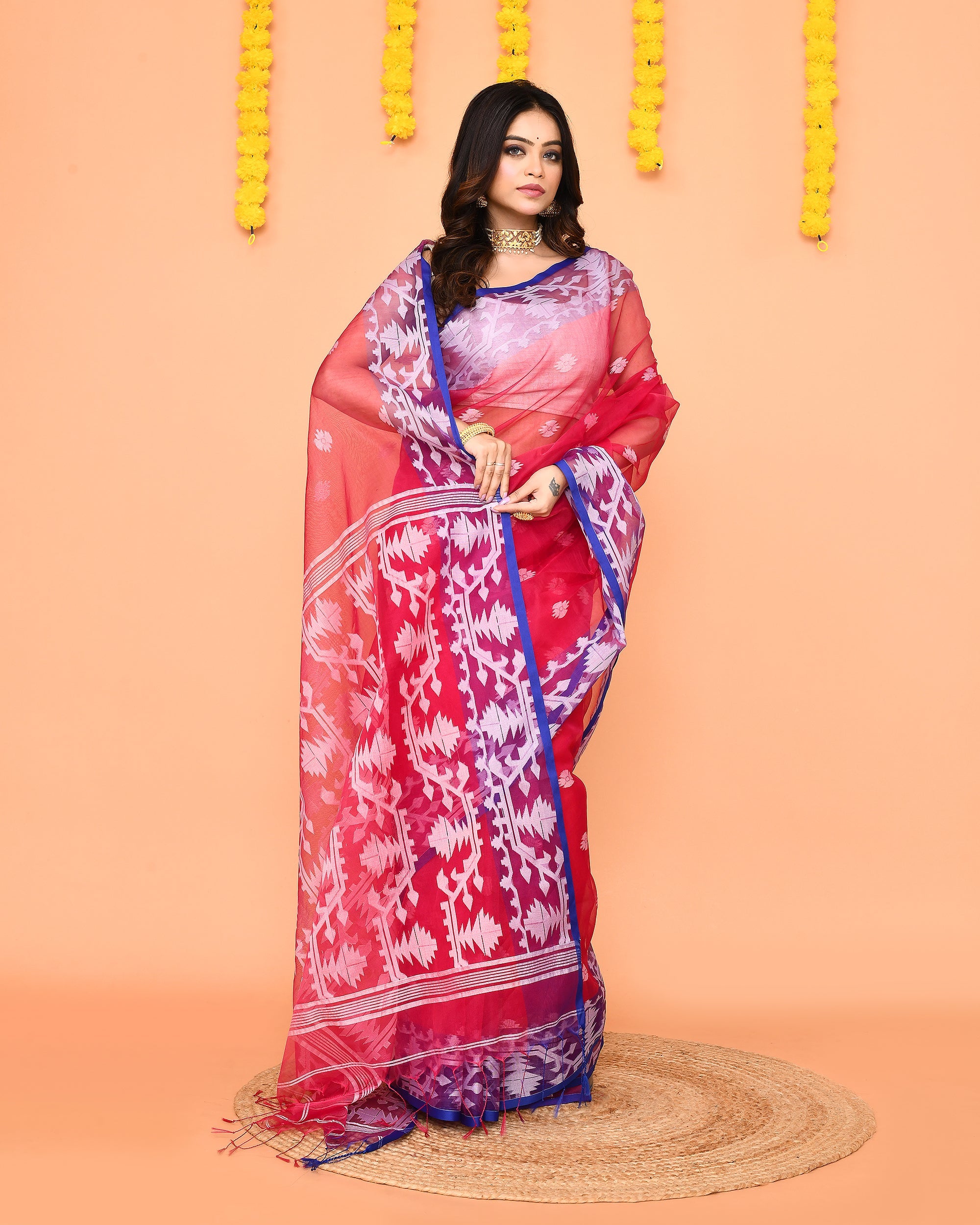 Piyari Fashion Women's Rani Pink Resham Silk Jamdani Saree | Grocsy