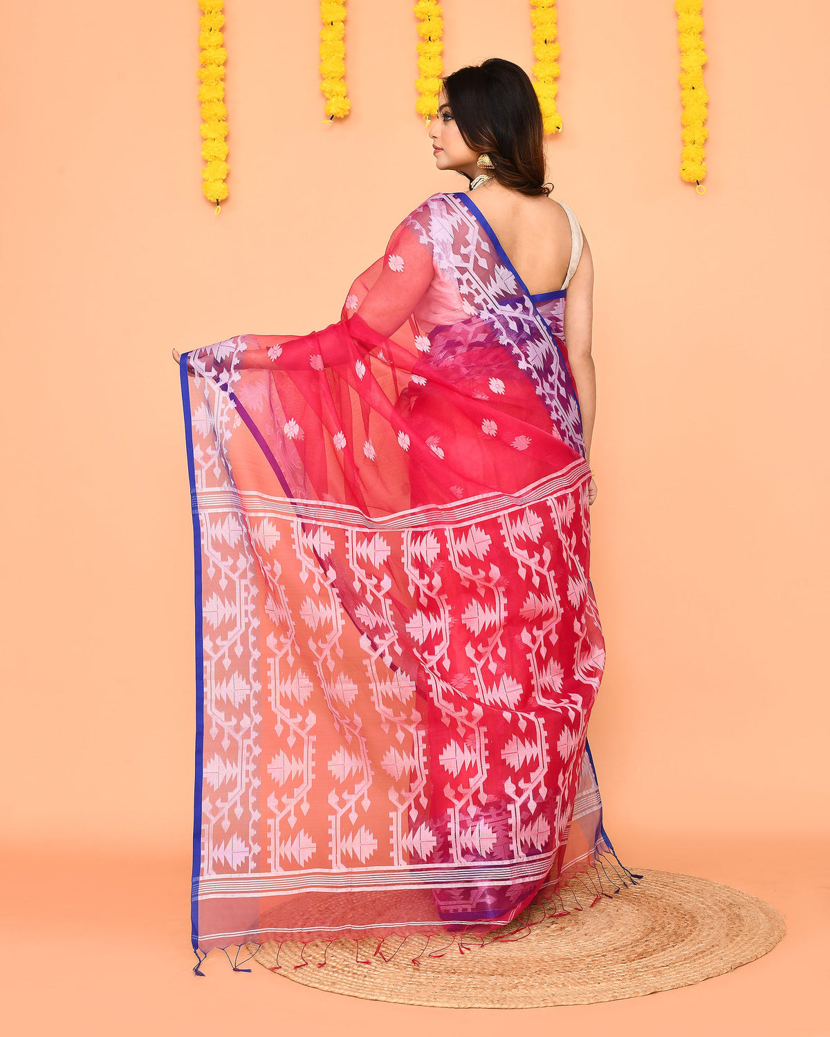 Piyari Fashion Women's Rani Pink Resham Silk Jamdani Saree | Grocsy