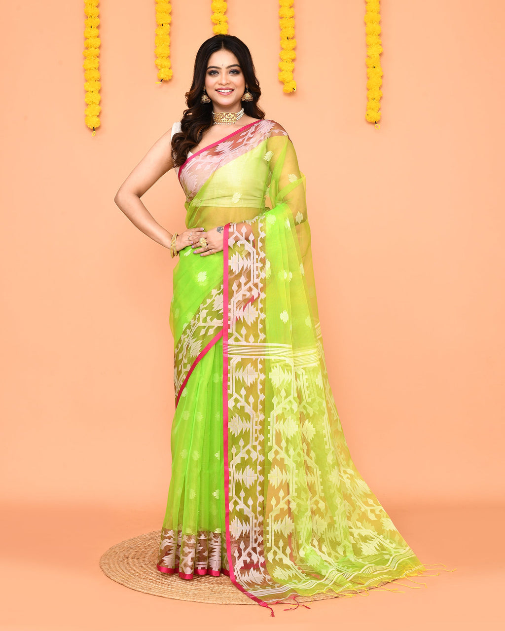 Piyari Fashion Women's Lime Resham Silk Jamdani Saree | Grocsy