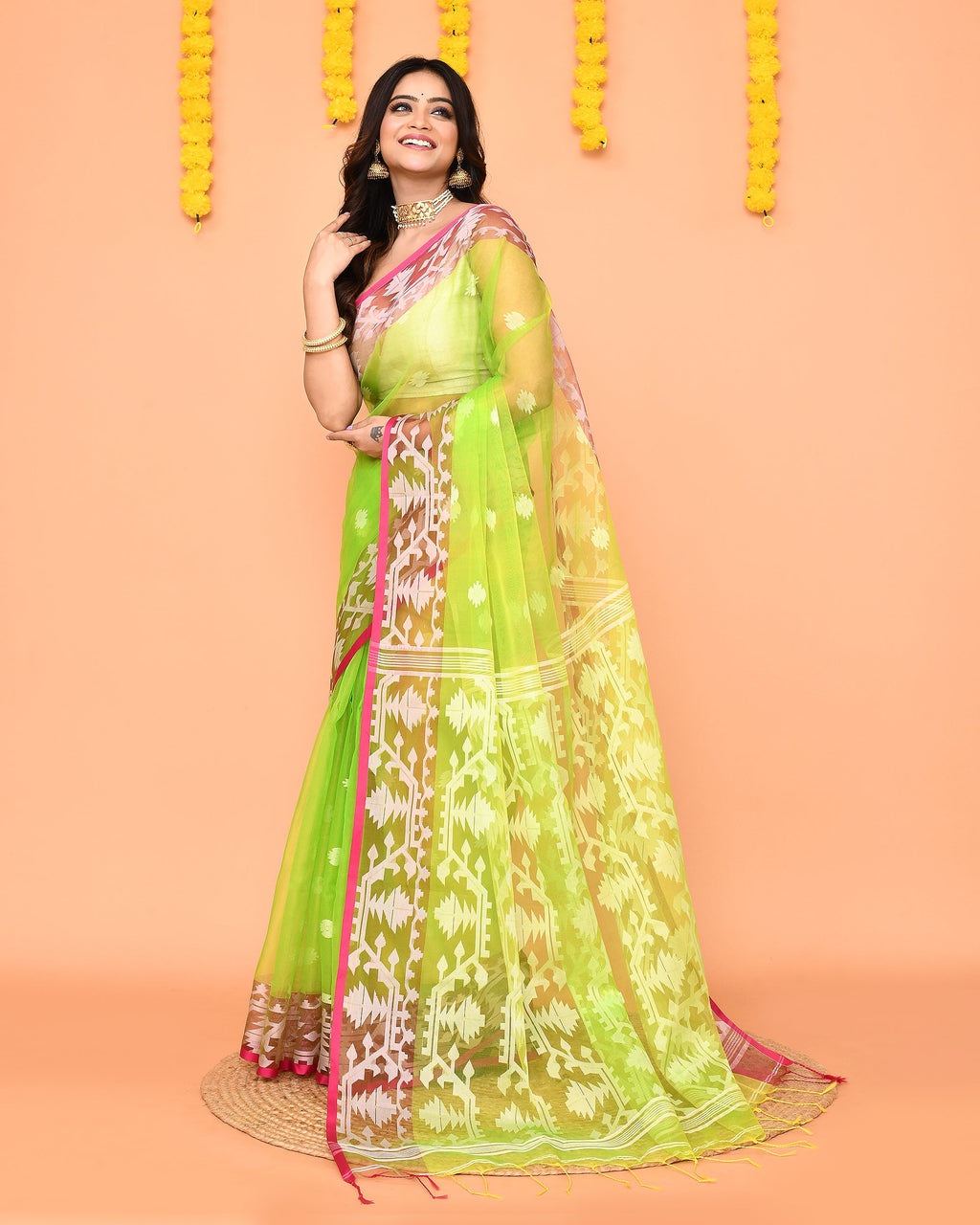 Piyari Fashion Women's Lime Resham Silk Jamdani Saree | Grocsy