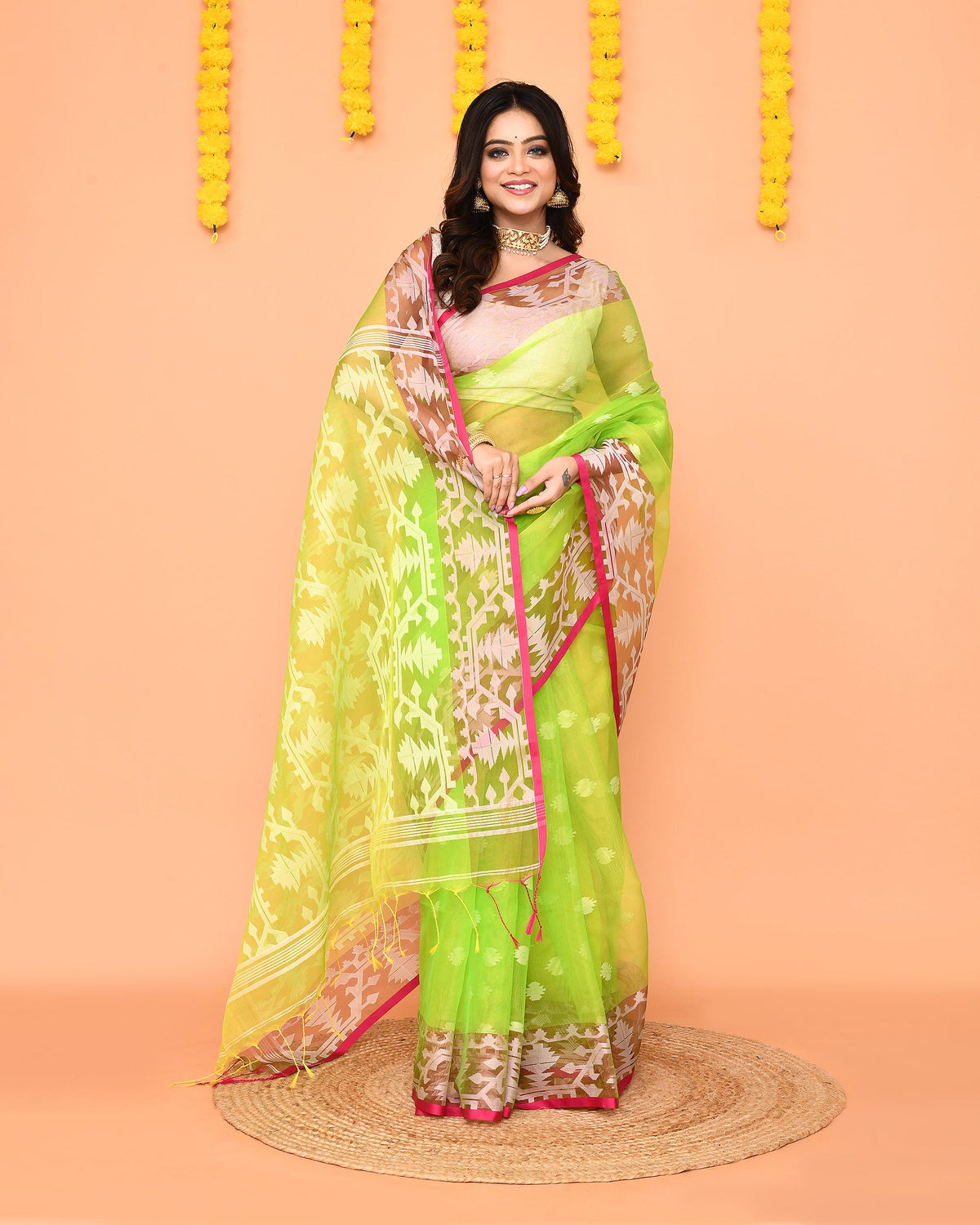 Piyari Fashion Women's Lime Resham Silk Jamdani Saree | Grocsy