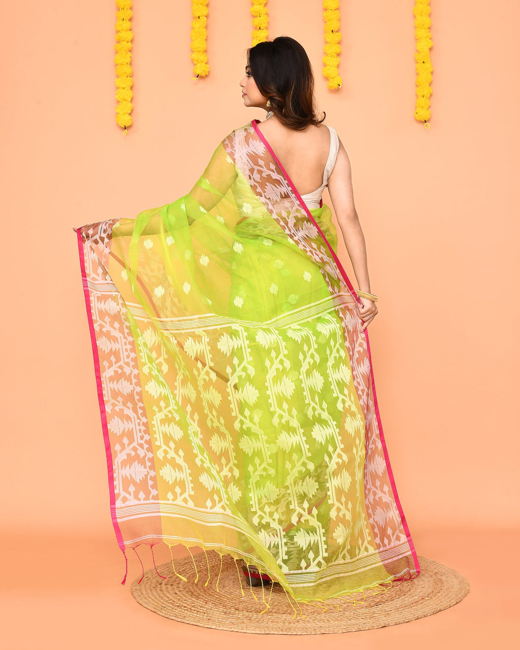 Piyari Fashion Women's Lime Resham Silk Jamdani Saree | Grocsy