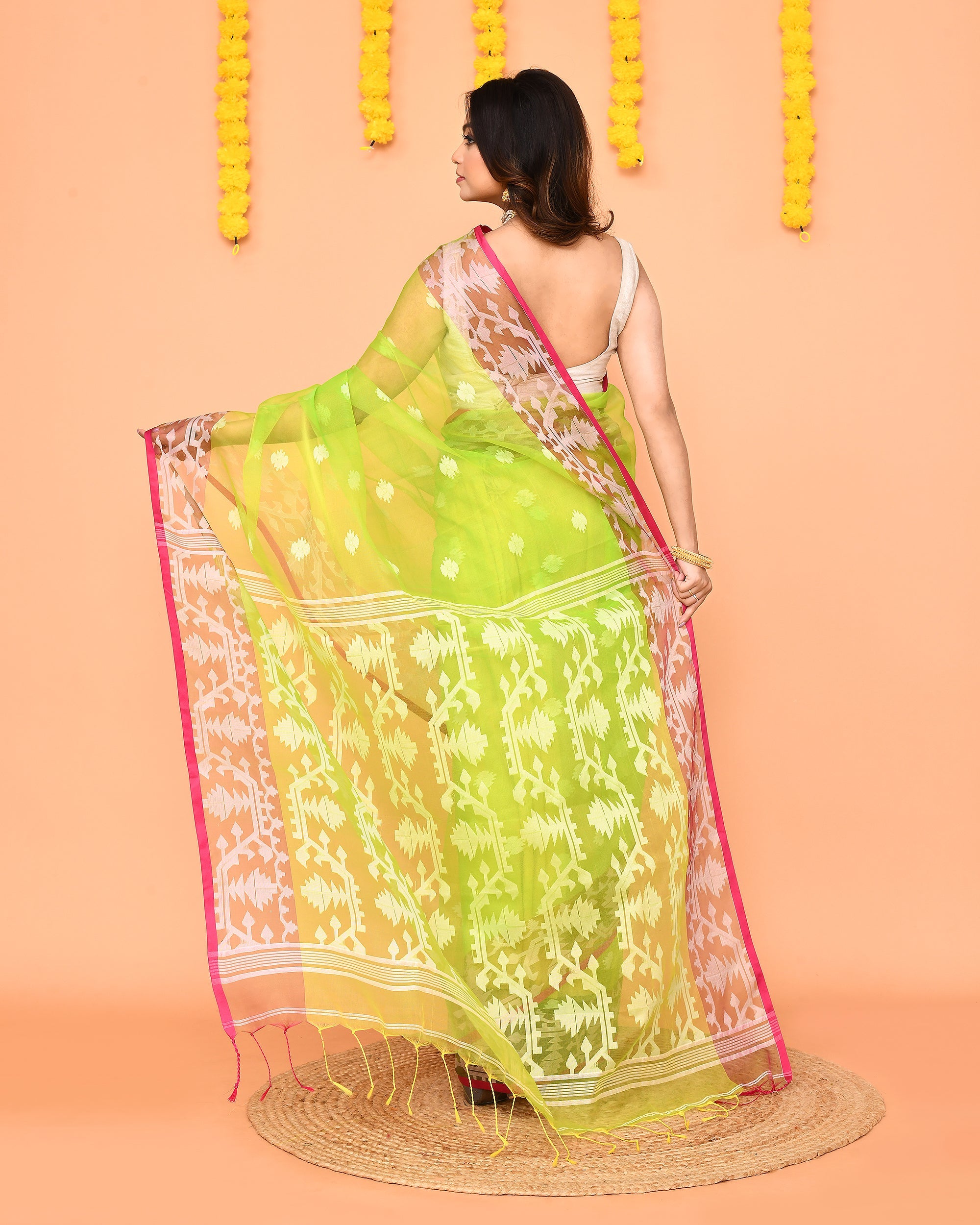 Piyari Fashion Women's Lime Resham Silk Jamdani Saree | Grocsy