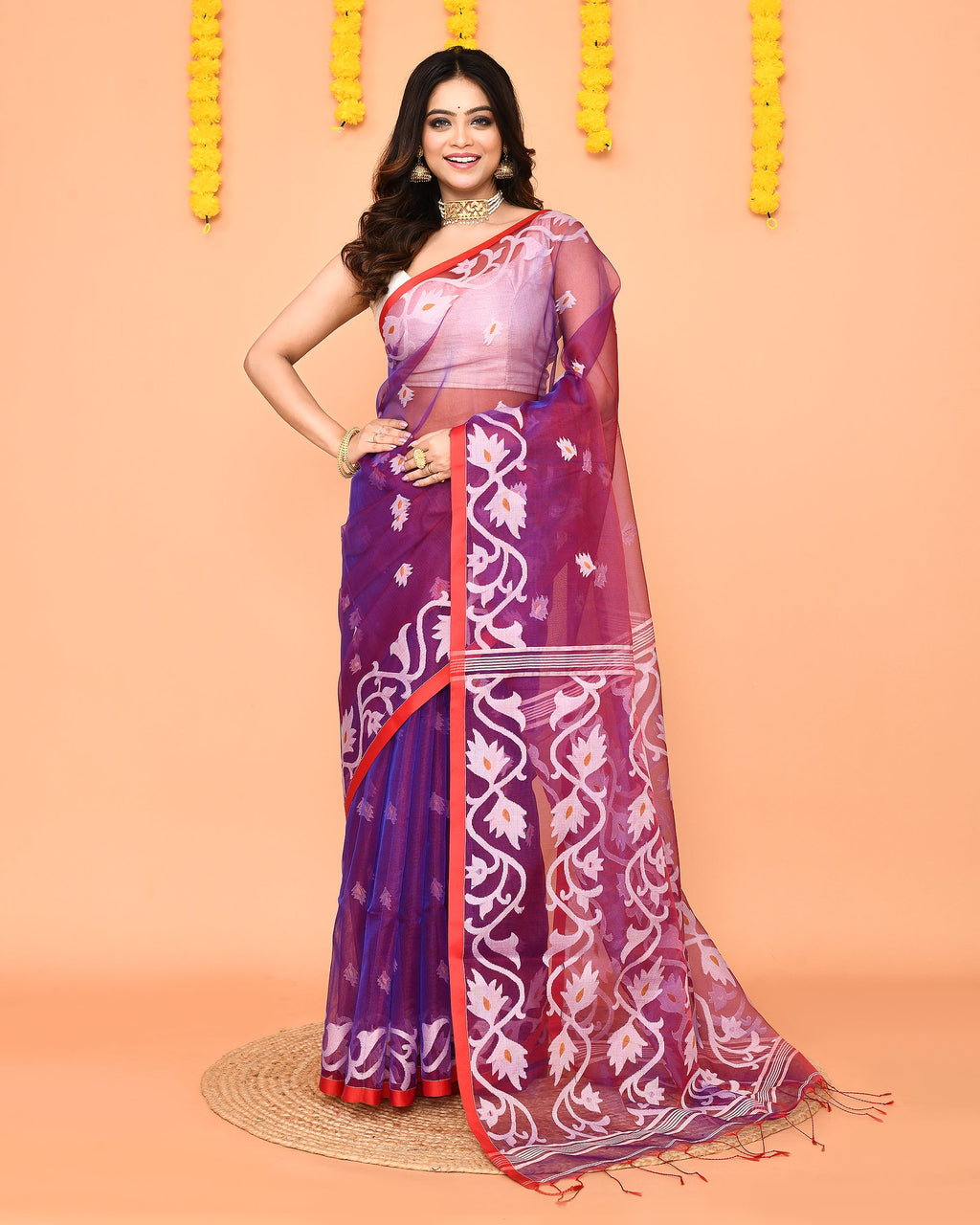 Piyari Fashion Women's Purple Resham Silk Jamdani Saree | Grocsy