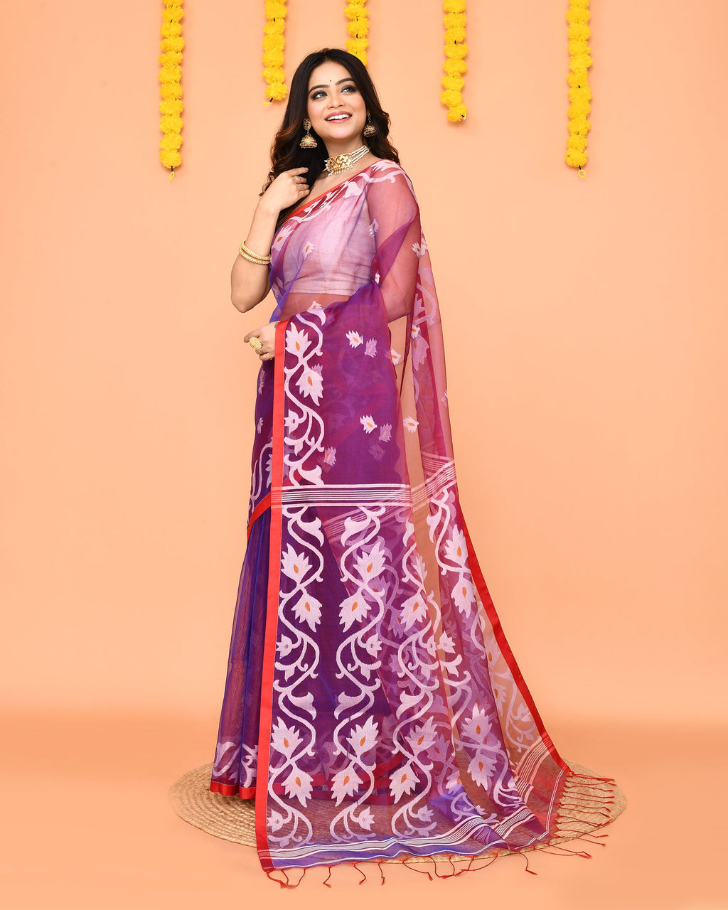 Piyari Fashion Women's Purple Resham Silk Jamdani Saree | Grocsy