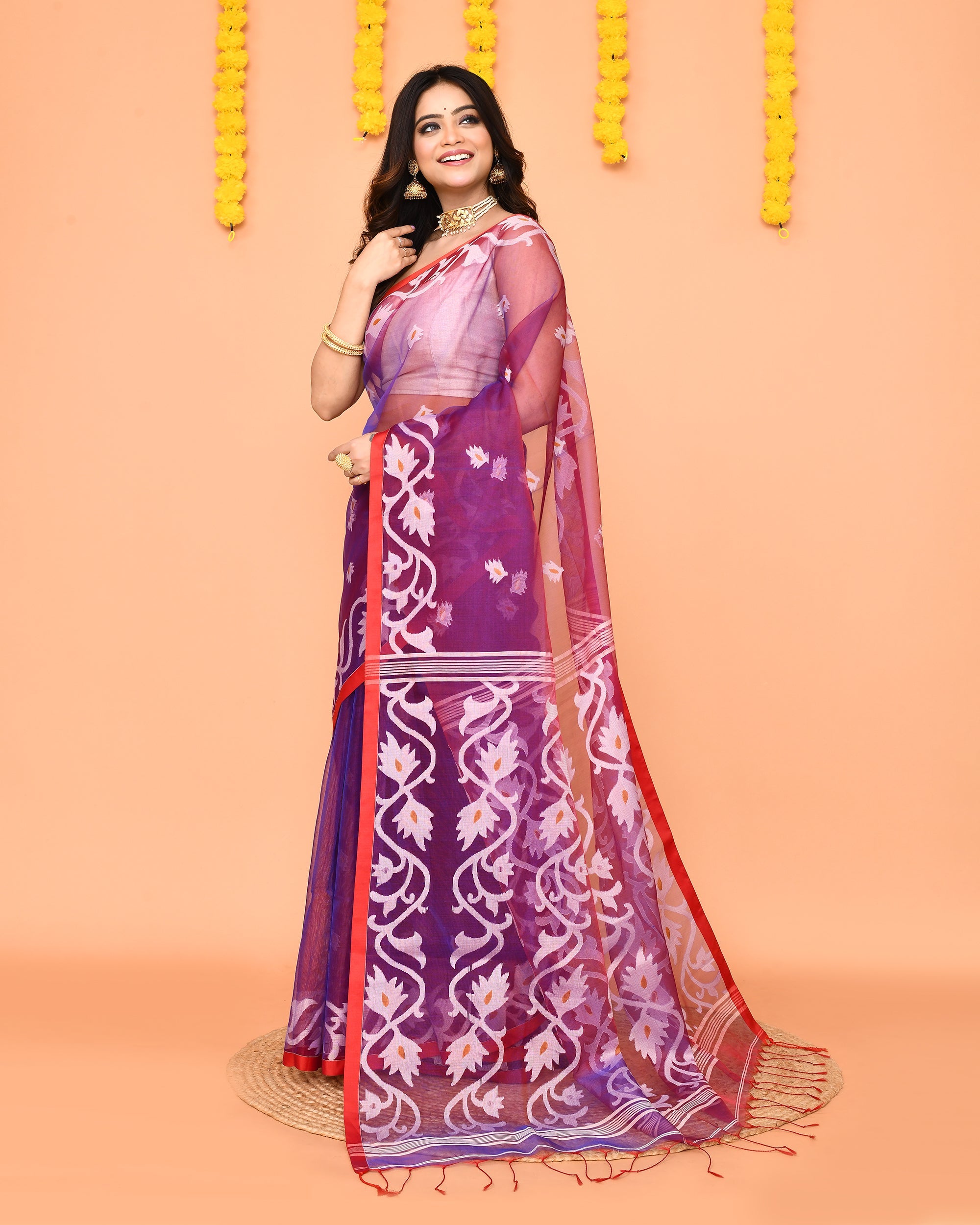 Piyari Fashion Women's Purple Resham Silk Jamdani Saree | Grocsy
