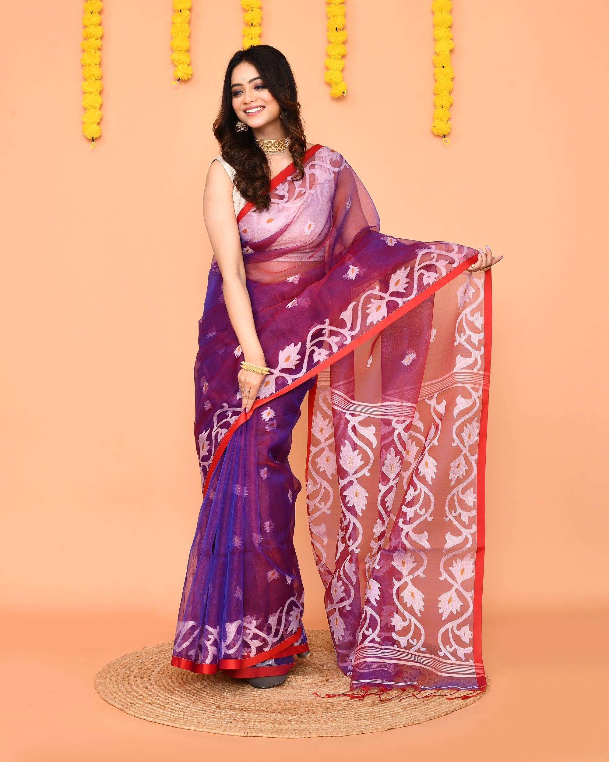 Piyari Fashion Women's Purple Resham Silk Jamdani Saree | Grocsy