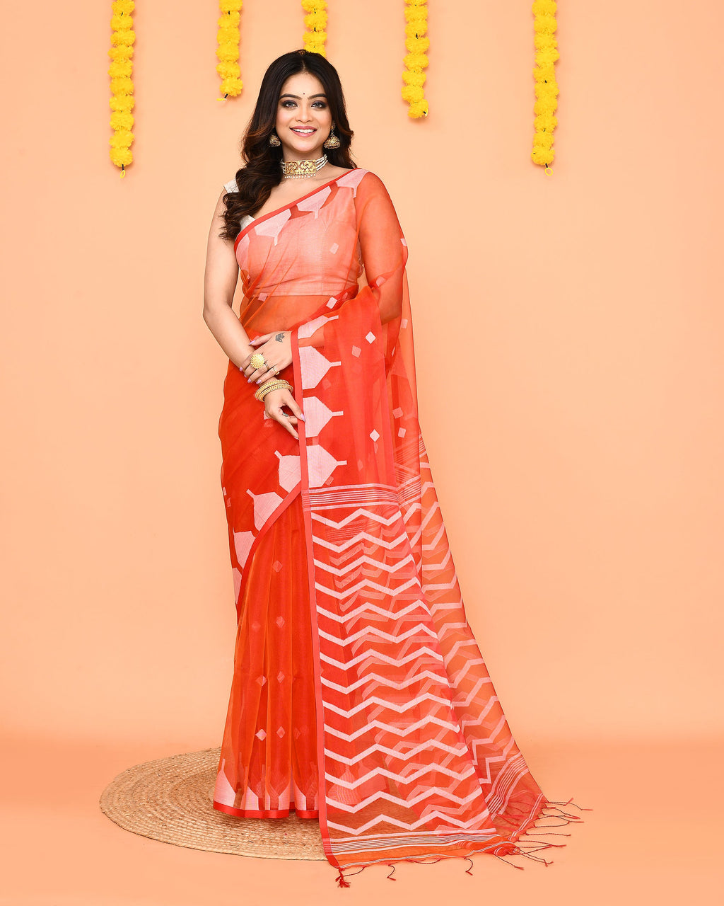 Piyari Fashion Women's Orange Resham Silk Jamdani Saree | Grocsy