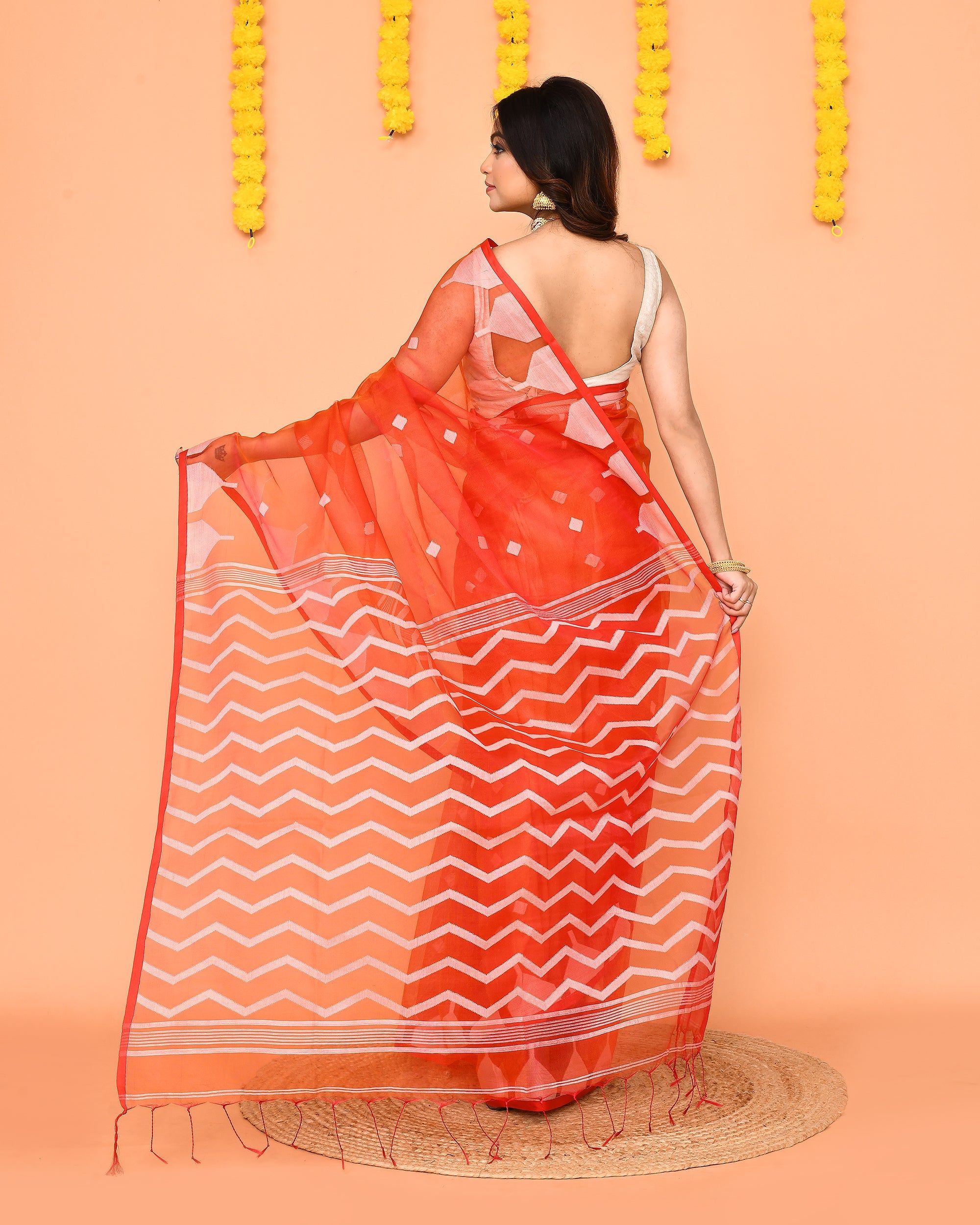 Piyari Fashion Women's Orange Resham Silk Jamdani Saree | Grocsy