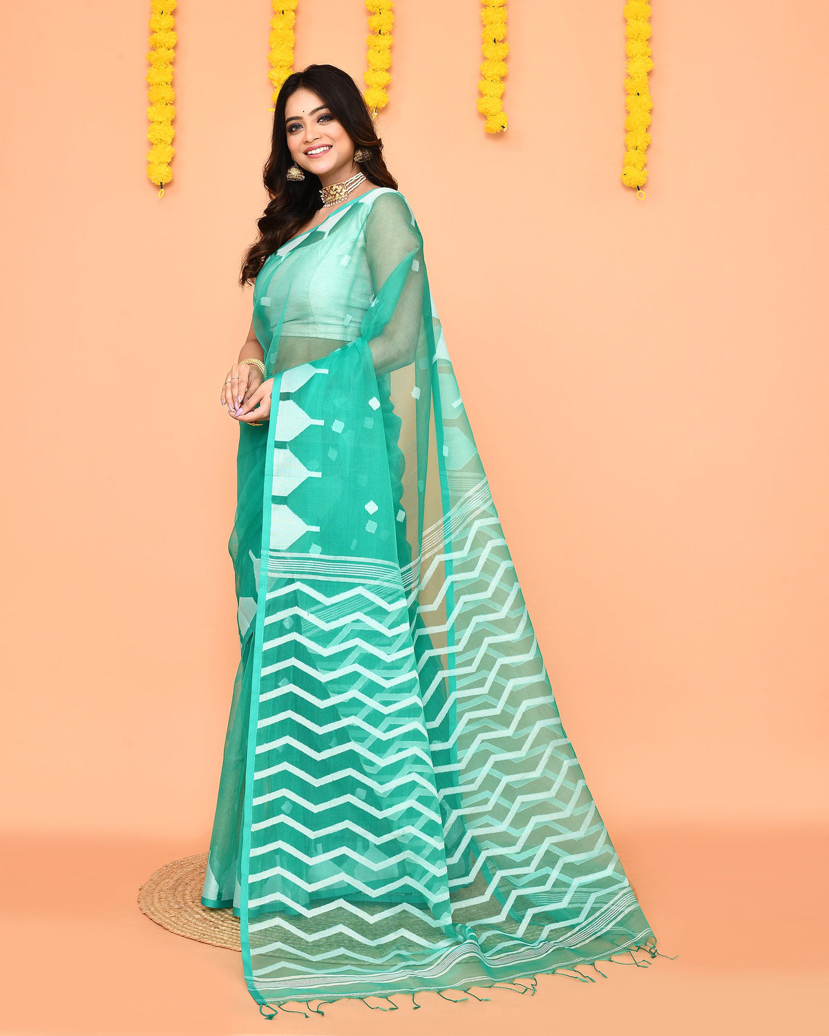 Piyari Fashion Women's Turquoise Resham Silk Jamdani Saree | Grocsy