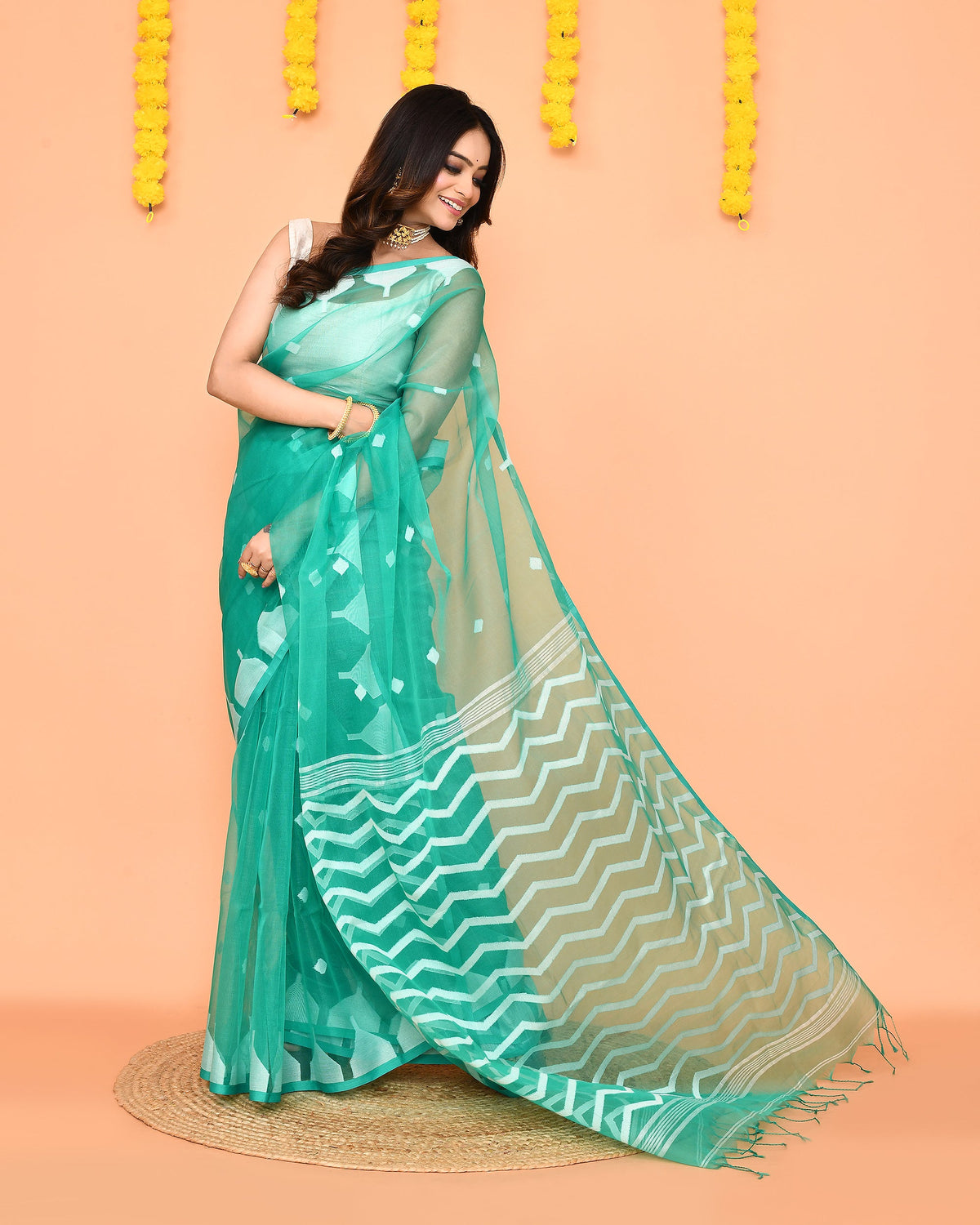 Piyari Fashion Women's Turquoise Resham Silk Jamdani Saree | Grocsy