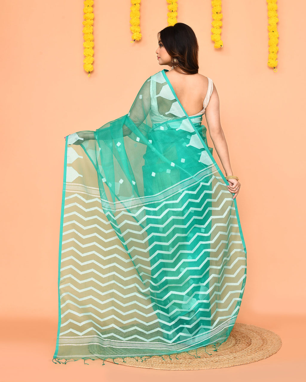 Piyari Fashion Women's Turquoise Resham Silk Jamdani Saree | Grocsy