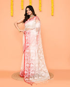 Piyari Fashion Women's White Resham Silk Jamdani Saree | Grocsy