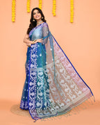 Piyari Fashion Women's Blue Resham Silk Jamdani Saree | Grocsy